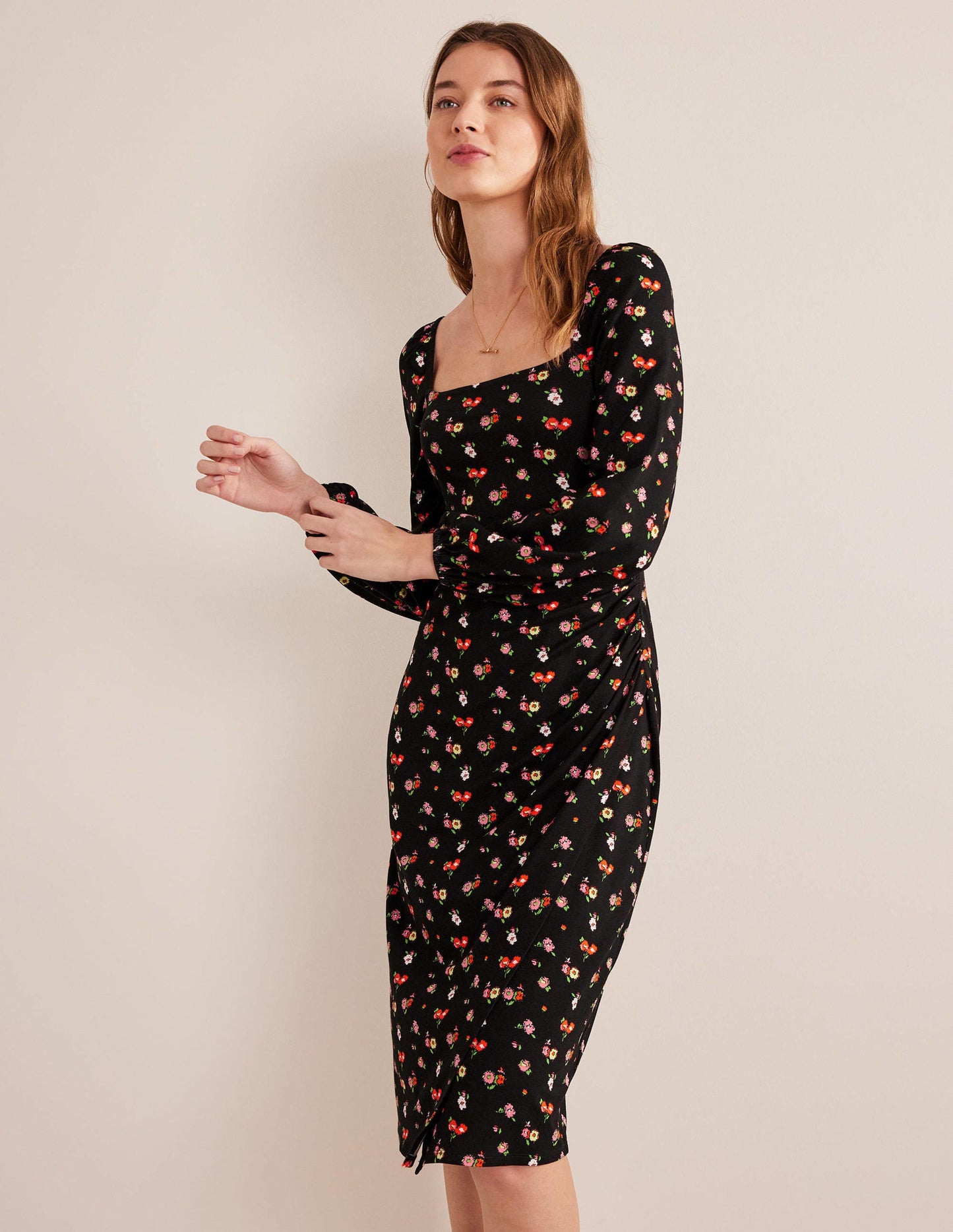 Jersey-Midikleid mit eckigem Ausschnitt-Schwarz, Zierliche Zweige