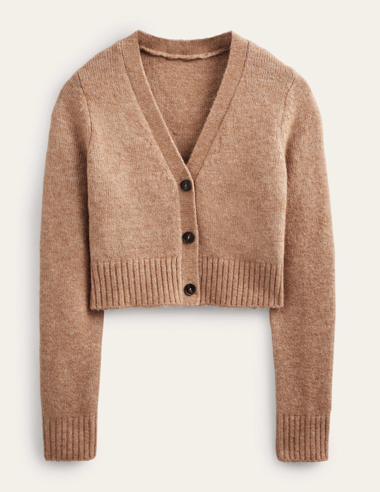 Kurz geschnittener Cardigan mit V-Ausschnitt-Kamelbraun Melange