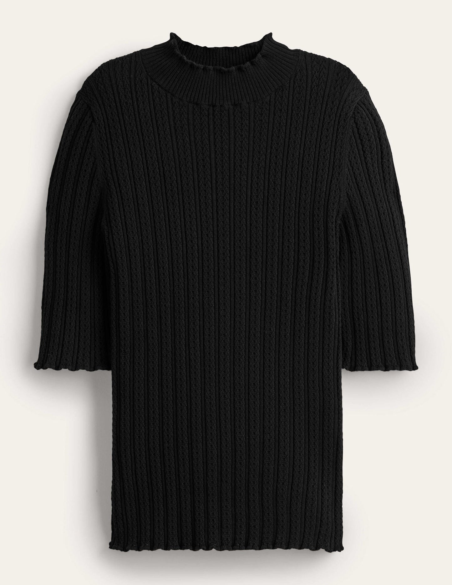 Geripptes T-Shirt mit hohem Kragen-Schwarz