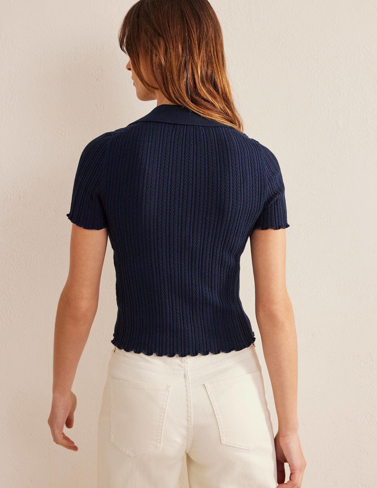 Rippstrick-T-Shirt mit Kragen-Marineblau