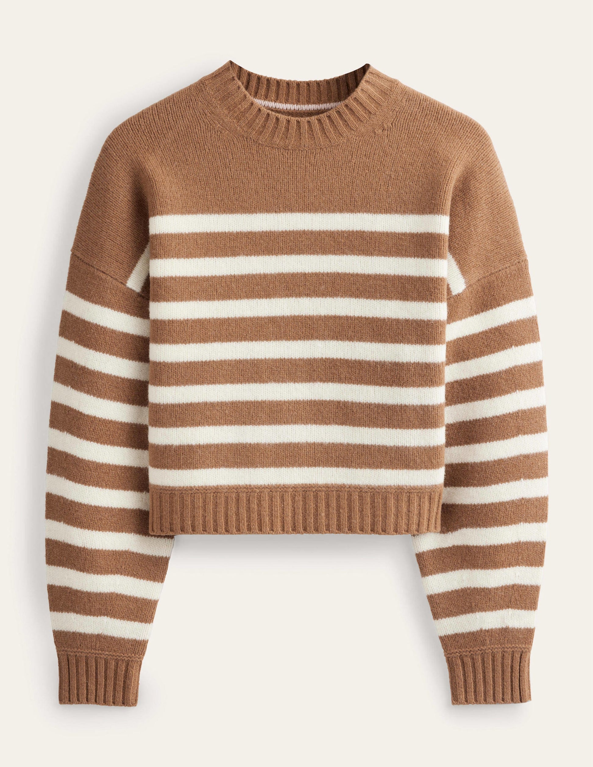Kurz geschnittener Pullover aus gebürsteter Wolle-Teddybärbraun/Naturweiß, Gestreift-6