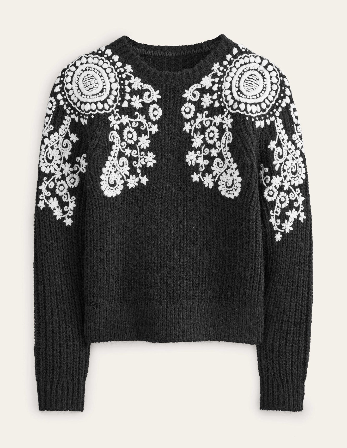 Rippstrickpullover mit Stickerei-Schwarz/Naturweiß, Stickerei