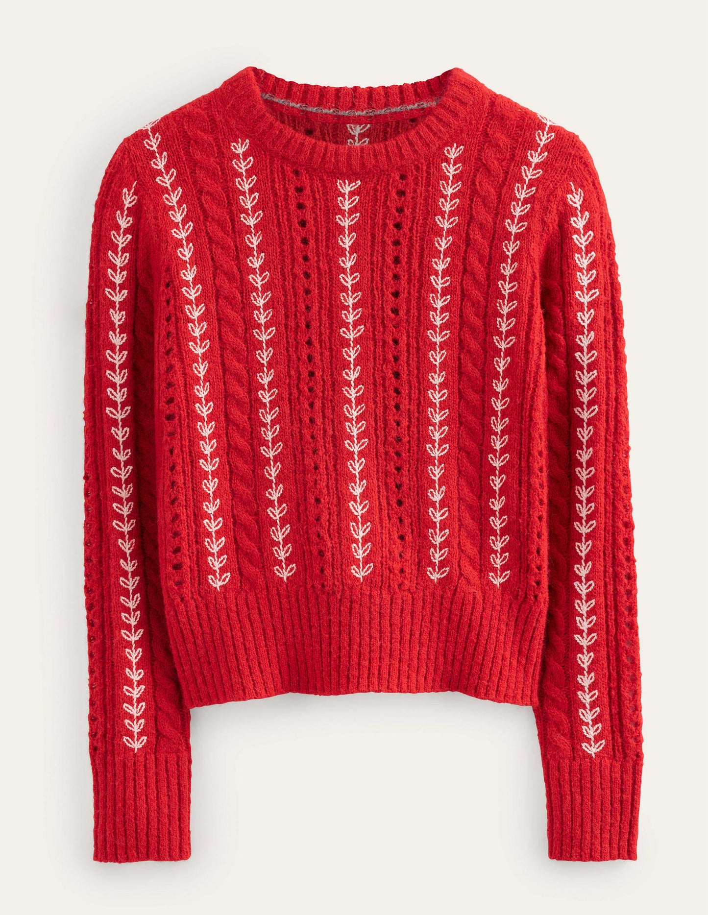 Flauschiger Pullover mit Zopfstrickmuster und Stickerei-Tomatenrot