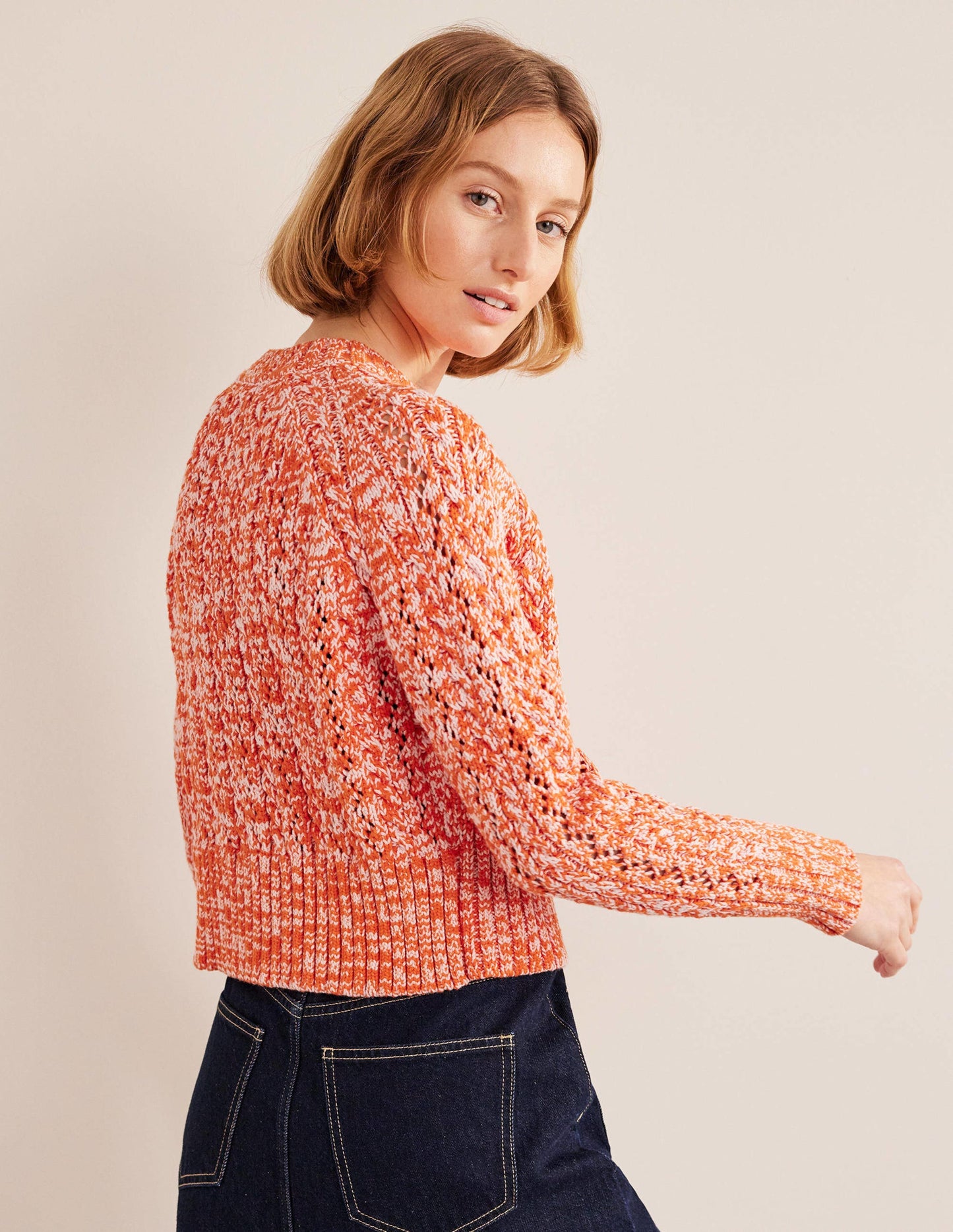 Melierter Zopfstrickpullover-Orange/Rosa Meliert