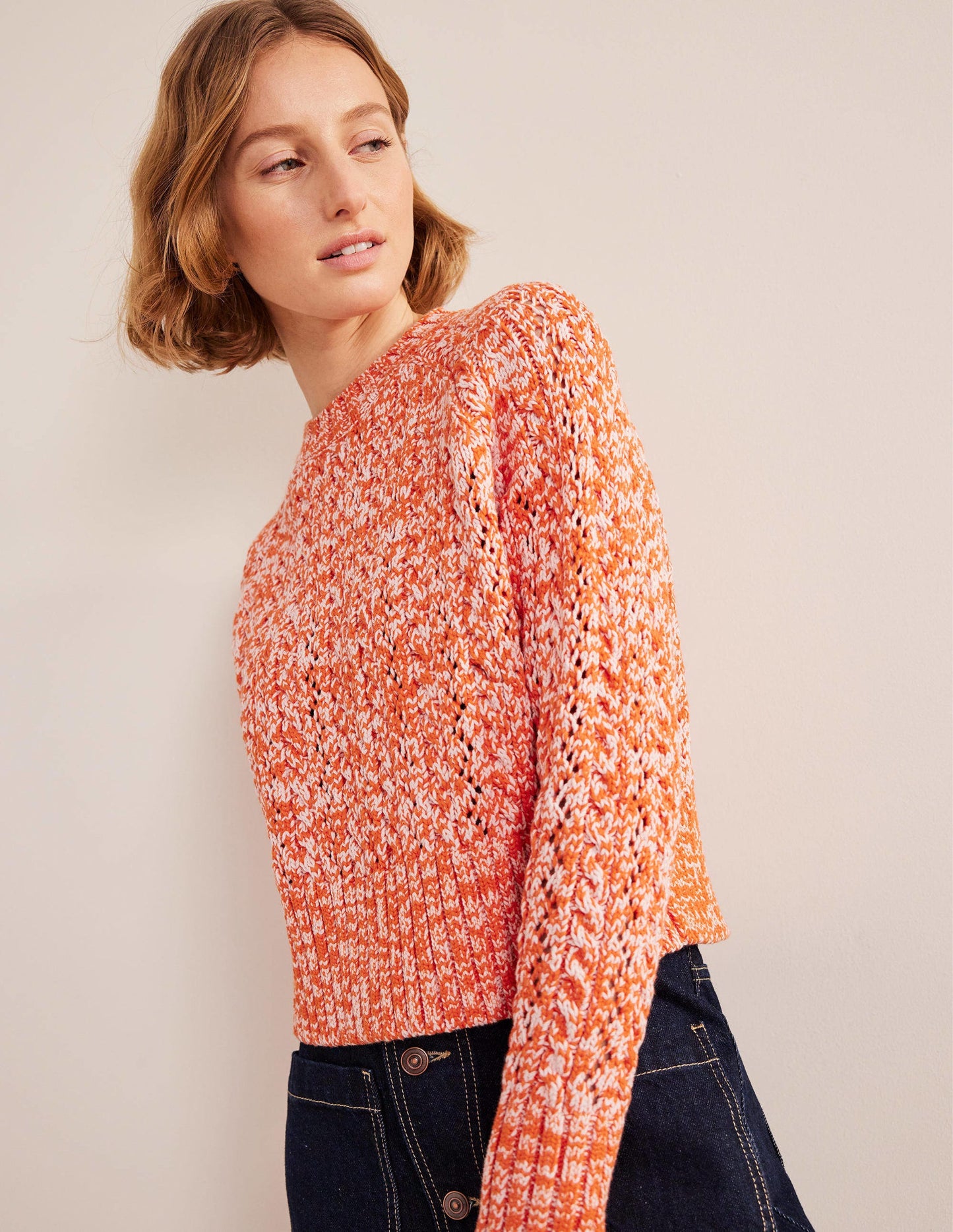 Melierter Zopfstrickpullover-Orange/Rosa Meliert