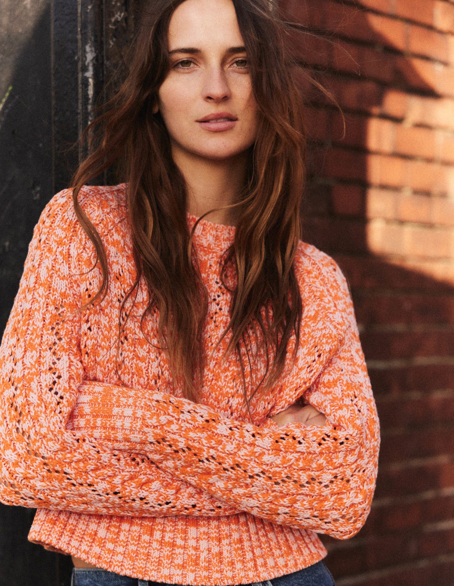 Melierter Zopfstrickpullover-Orange/Rosa Meliert