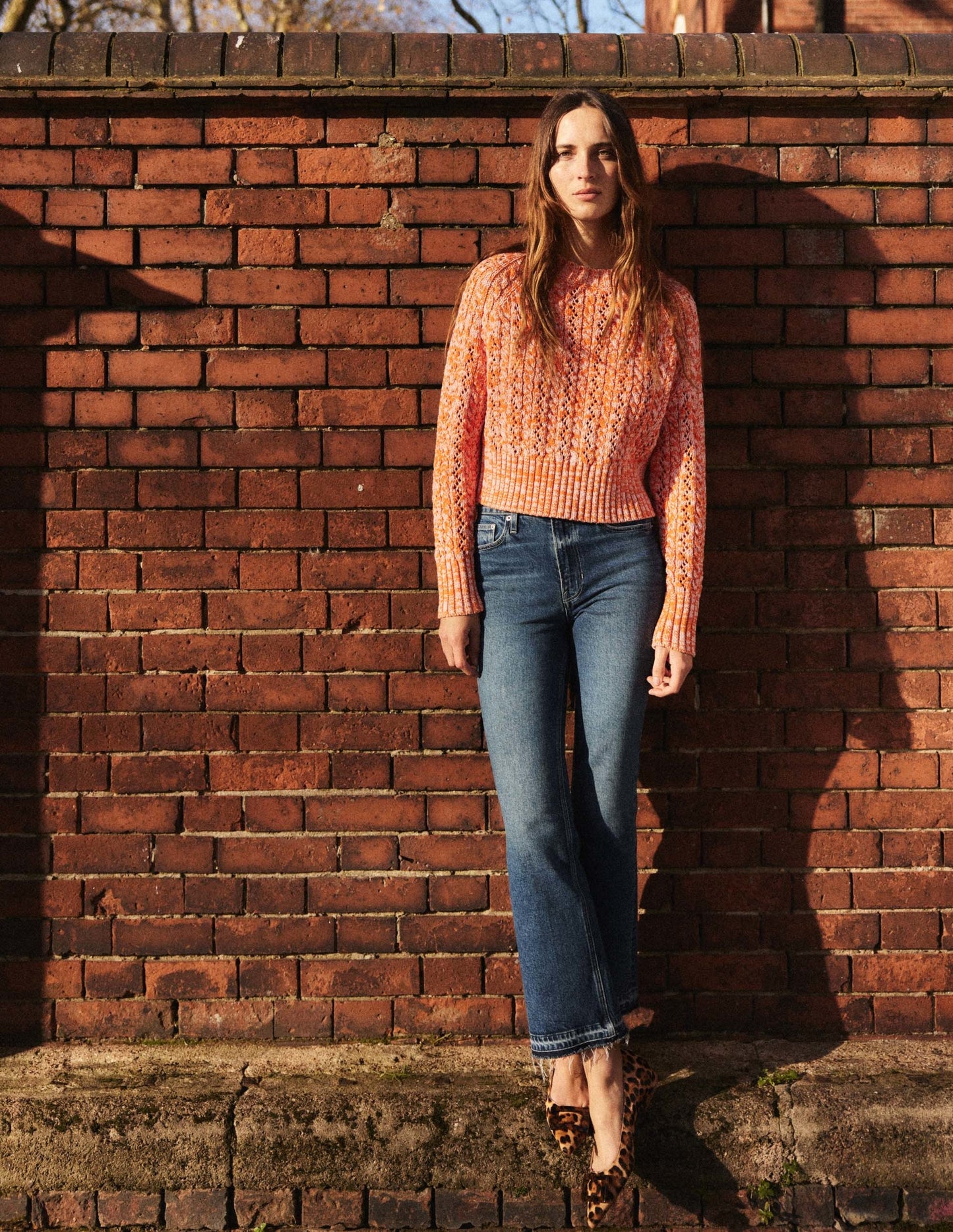 Melierter Zopfstrickpullover-Orange/Rosa Meliert