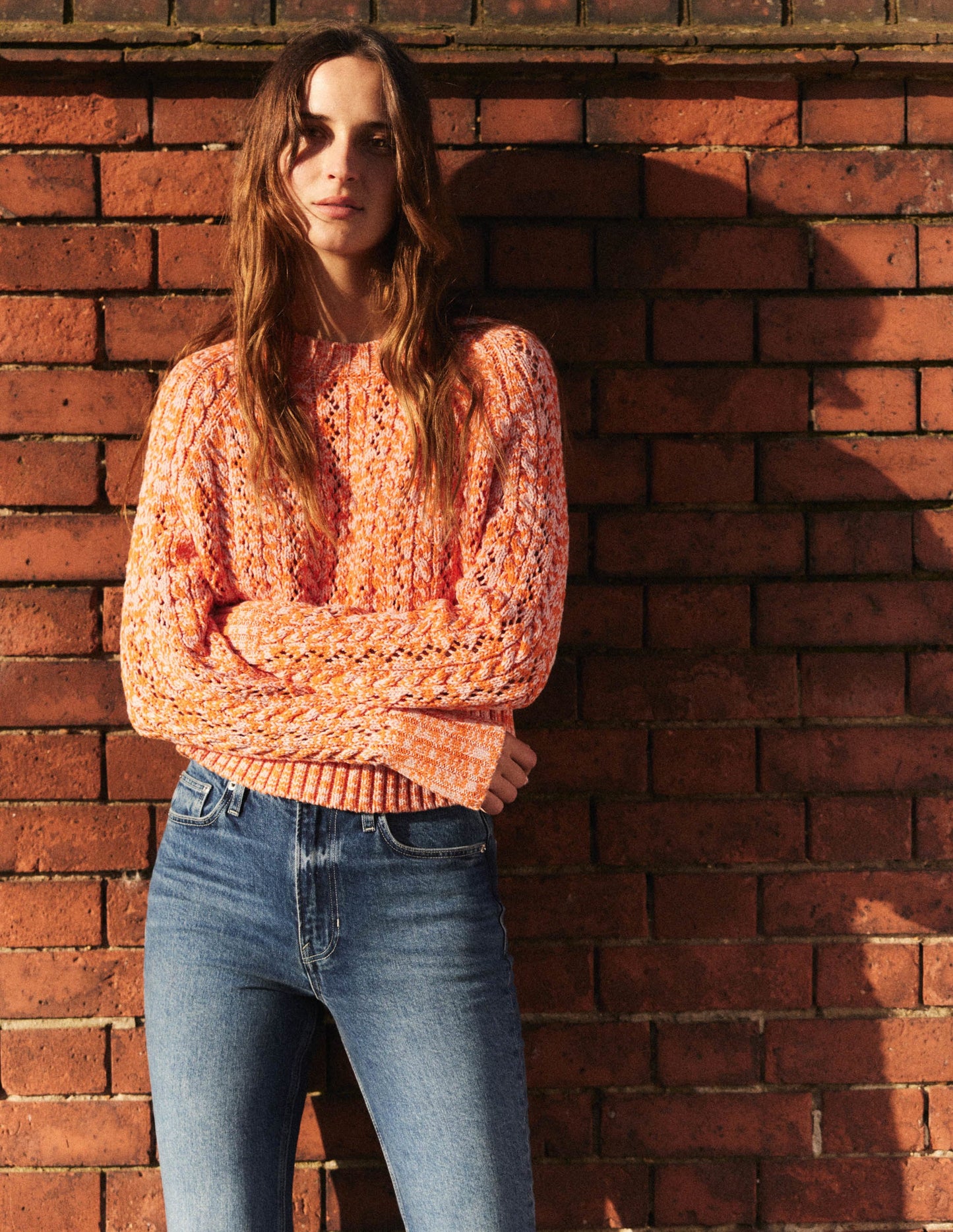 Melierter Zopfstrickpullover-Orange/Rosa Meliert