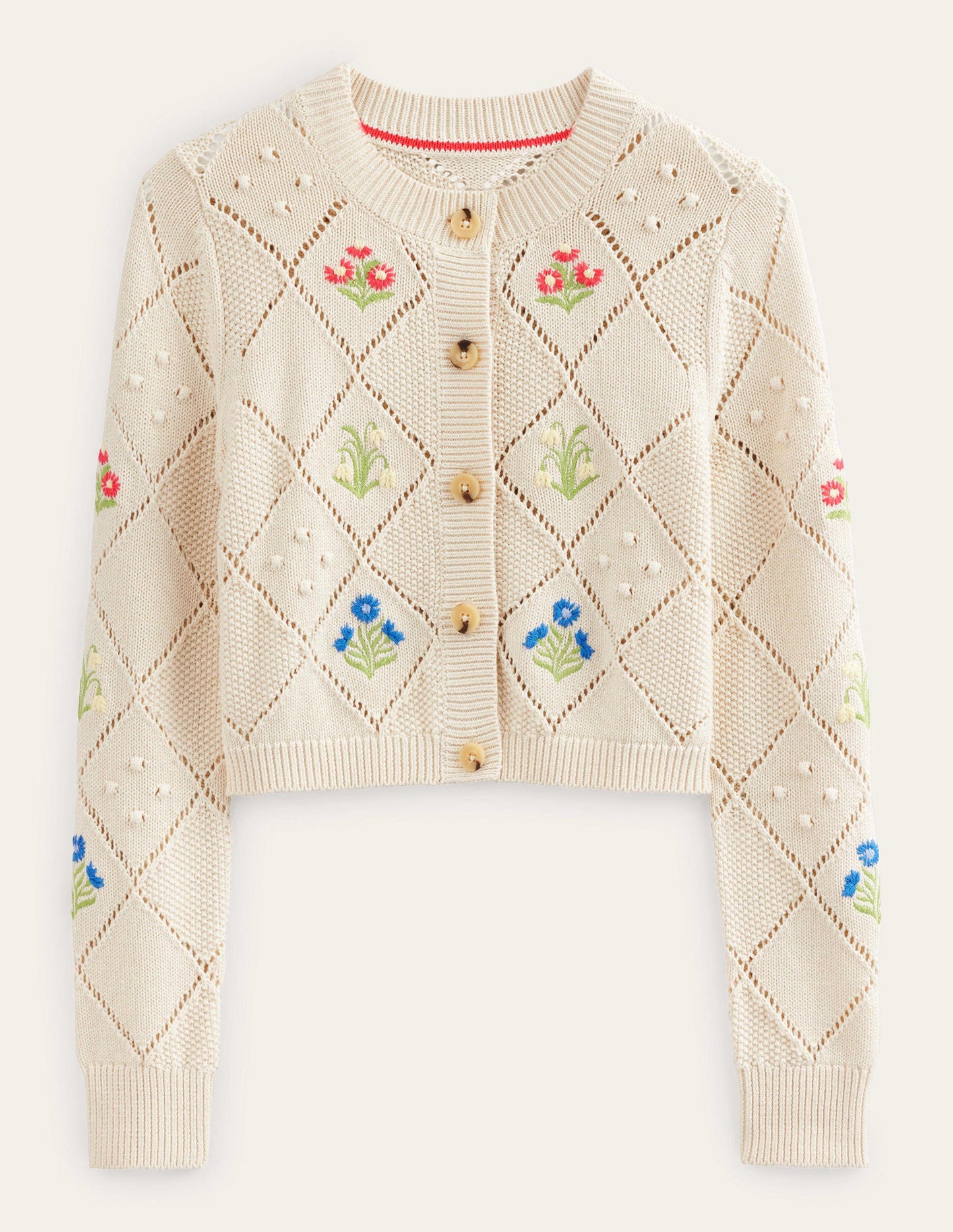Cropped Embroidered Cardigan-Warm Ivory Embroidery