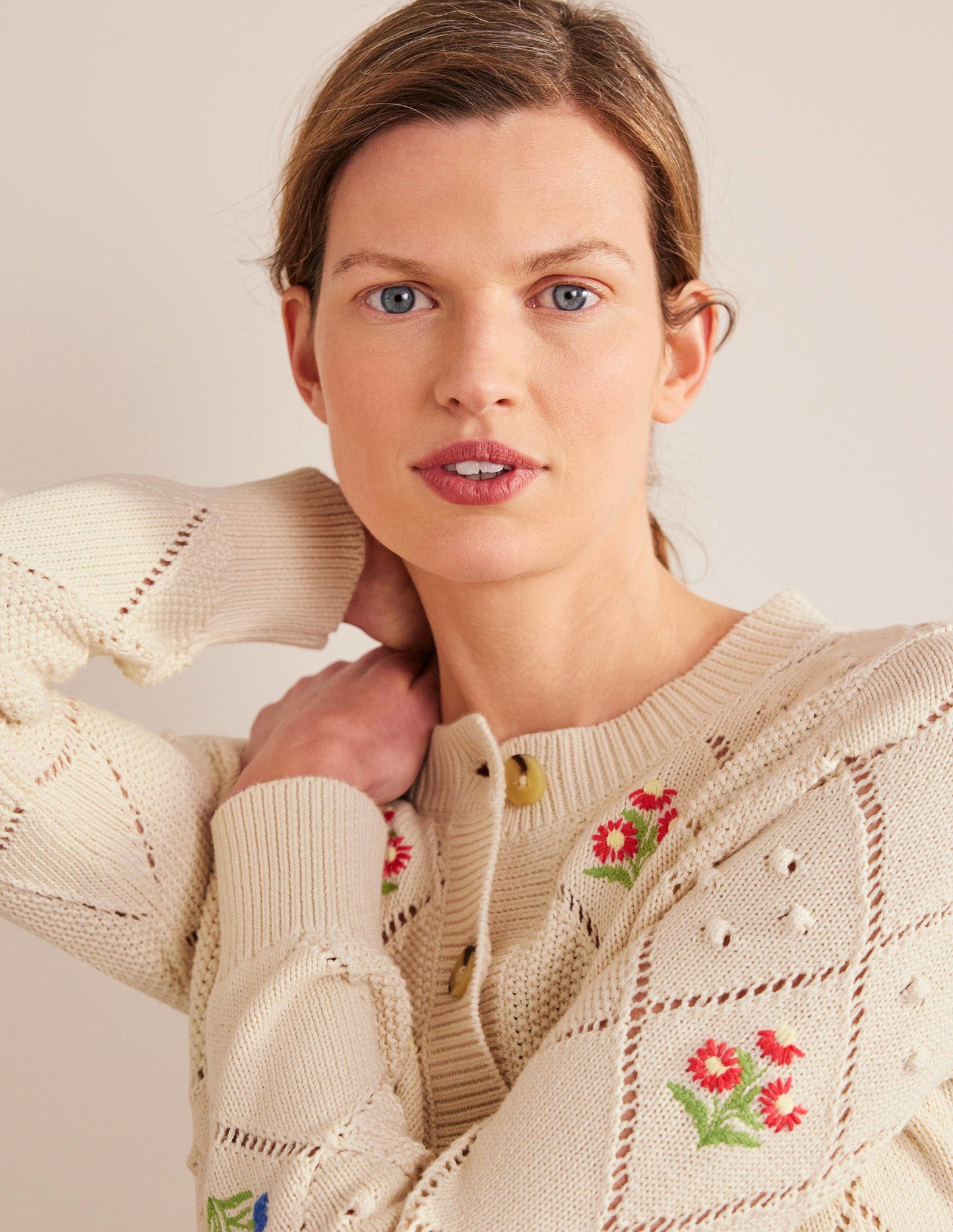Cropped Embroidered Cardigan-Warm Ivory Embroidery