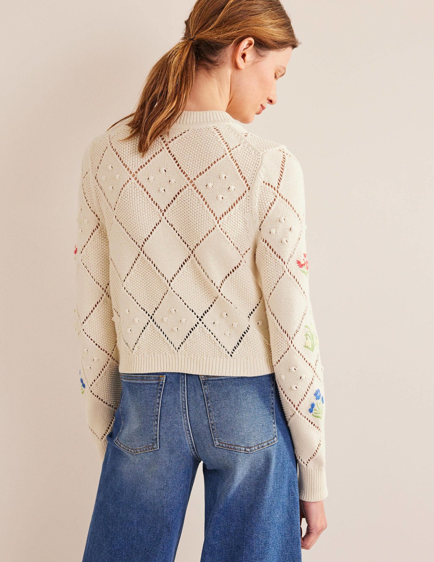 Cropped Embroidered Cardigan-Warm Ivory Embroidery