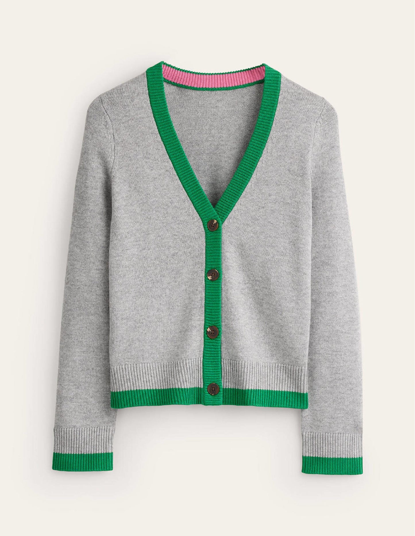Alma Strickjacke mit Kontrastbesatz-Grau Meliert, Grünes Tamburin