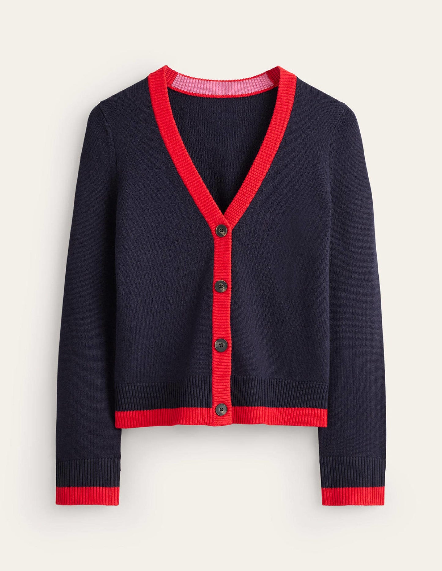 Alma Strickjacke mit Kontrastbesatz-Marineblau, Flame Scarlet