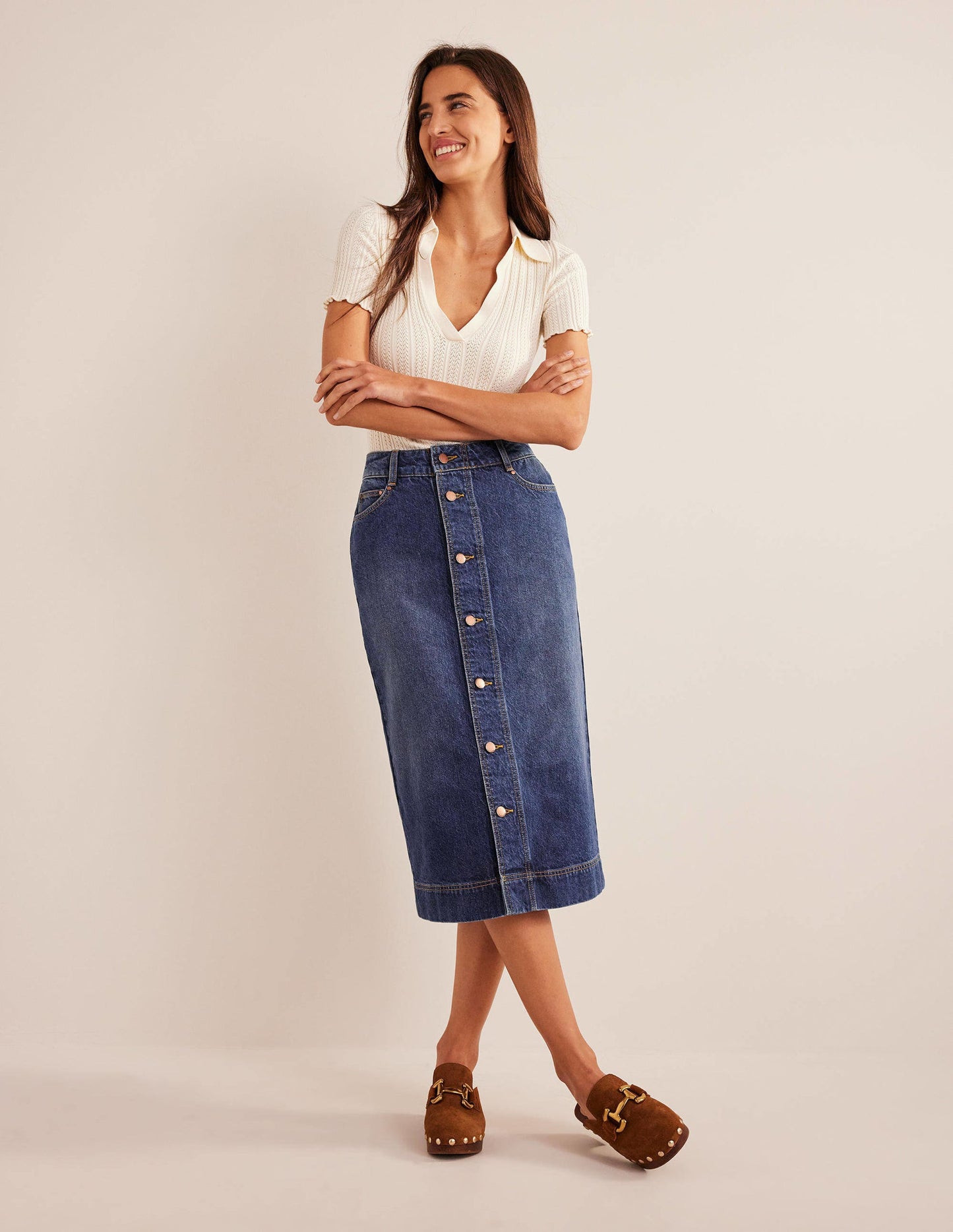 Gerader Midirock aus Denim-Mittleres Vintageblau