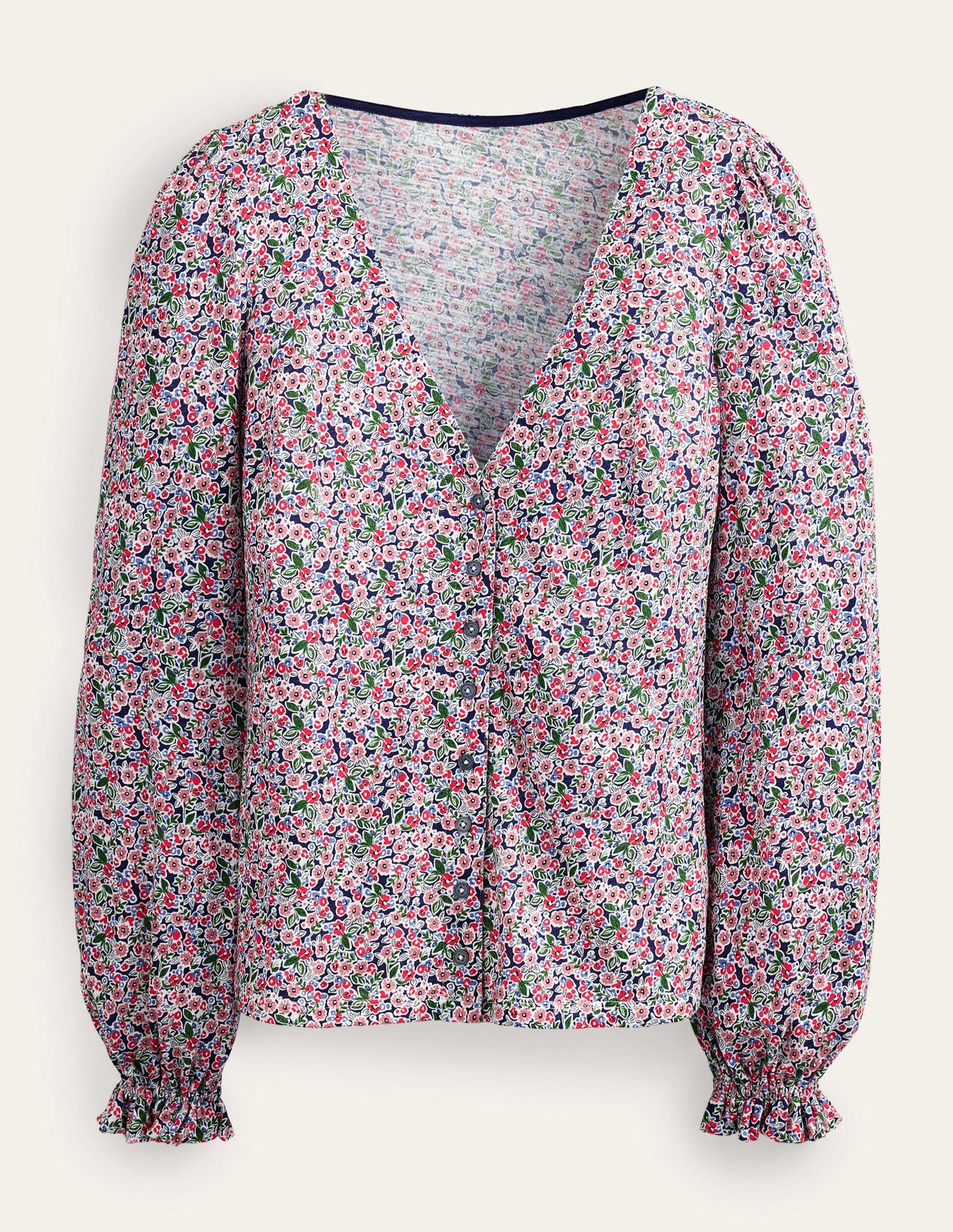 Geknöpftes Oberteil mit V-Ausschnitt-Bunt, Blüten-Toile