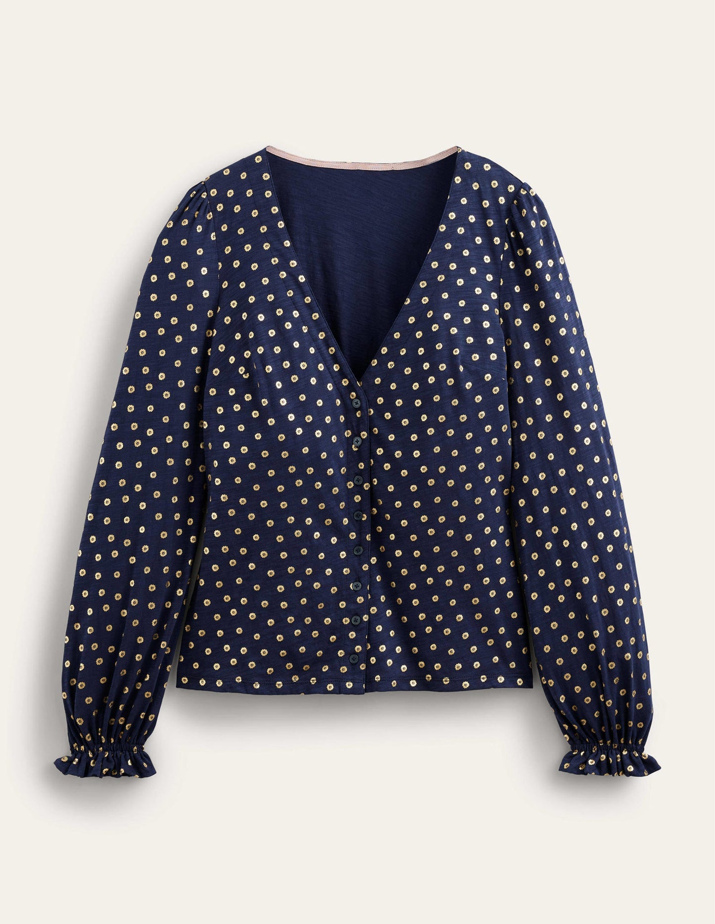 Geknöpftes Oberteil mit V-Ausschnitt-Französisches Navy, Blumenmuster/Getupft