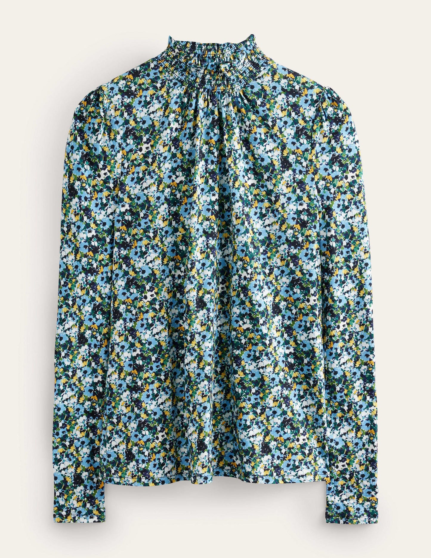 Gemustertes Oberteil mit gesmoktem Kragen-Navy, Blumenmuster