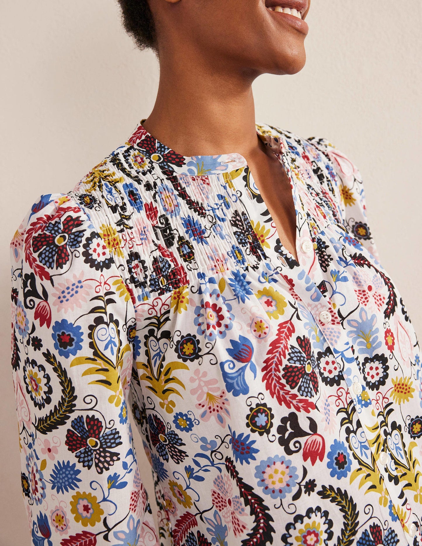 Smocked Yoke Cotton Blouse-Ivory, Tropic Charm