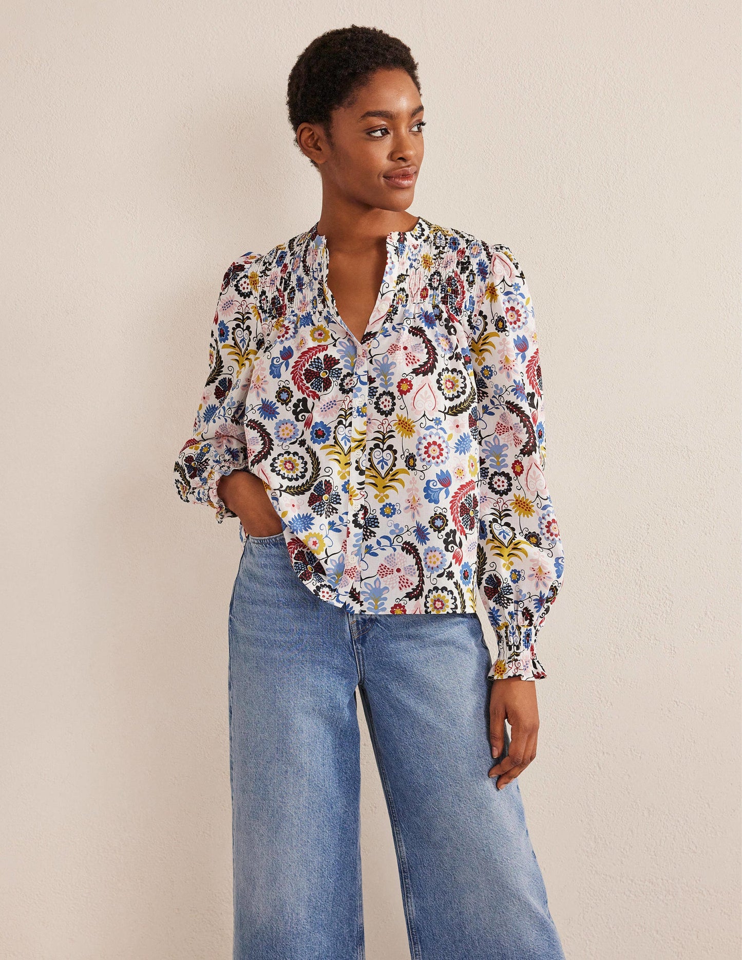 Smocked Yoke Cotton Blouse-Ivory, Tropic Charm