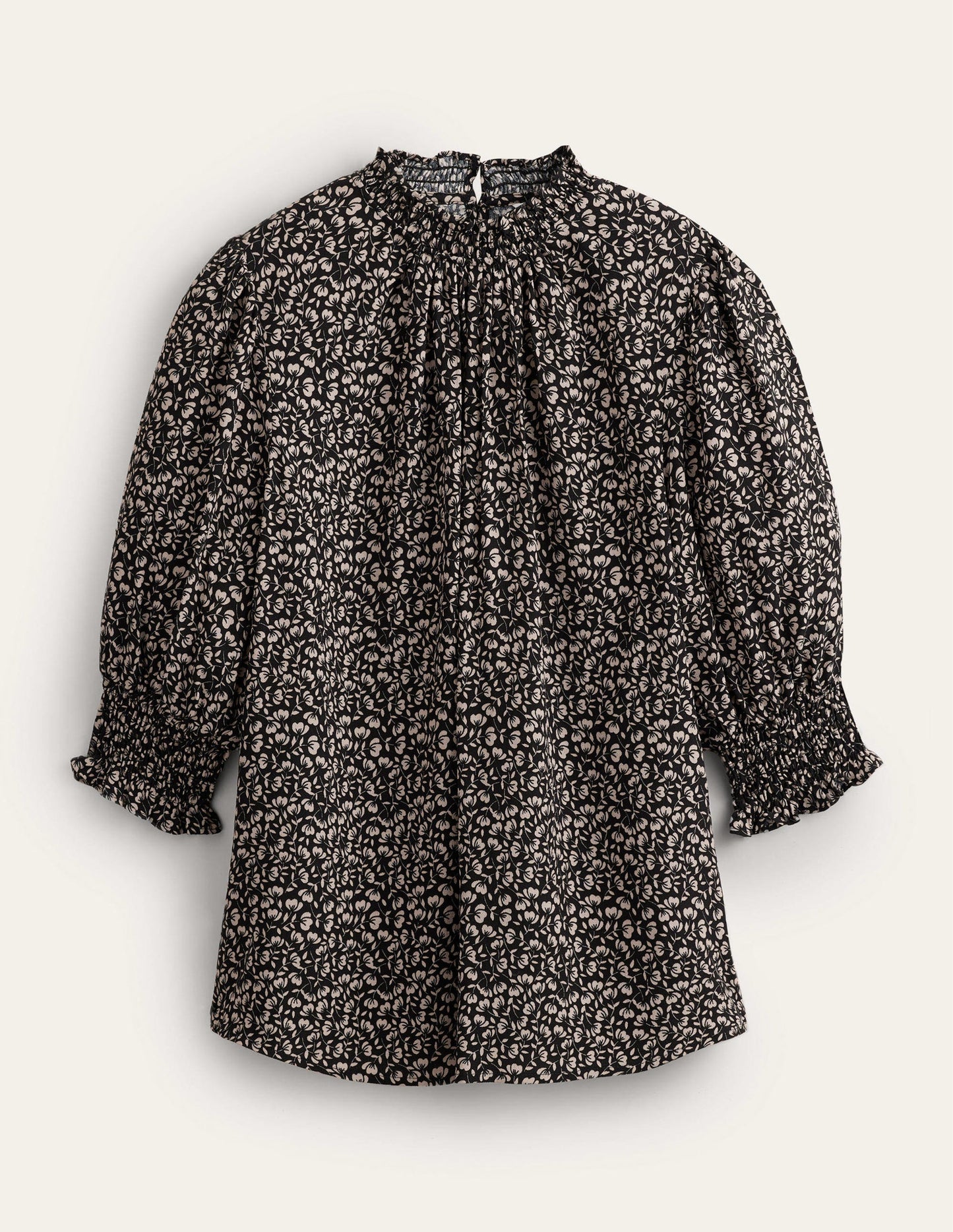 Smocked Detail Printed Top-Black, Poppy Petal