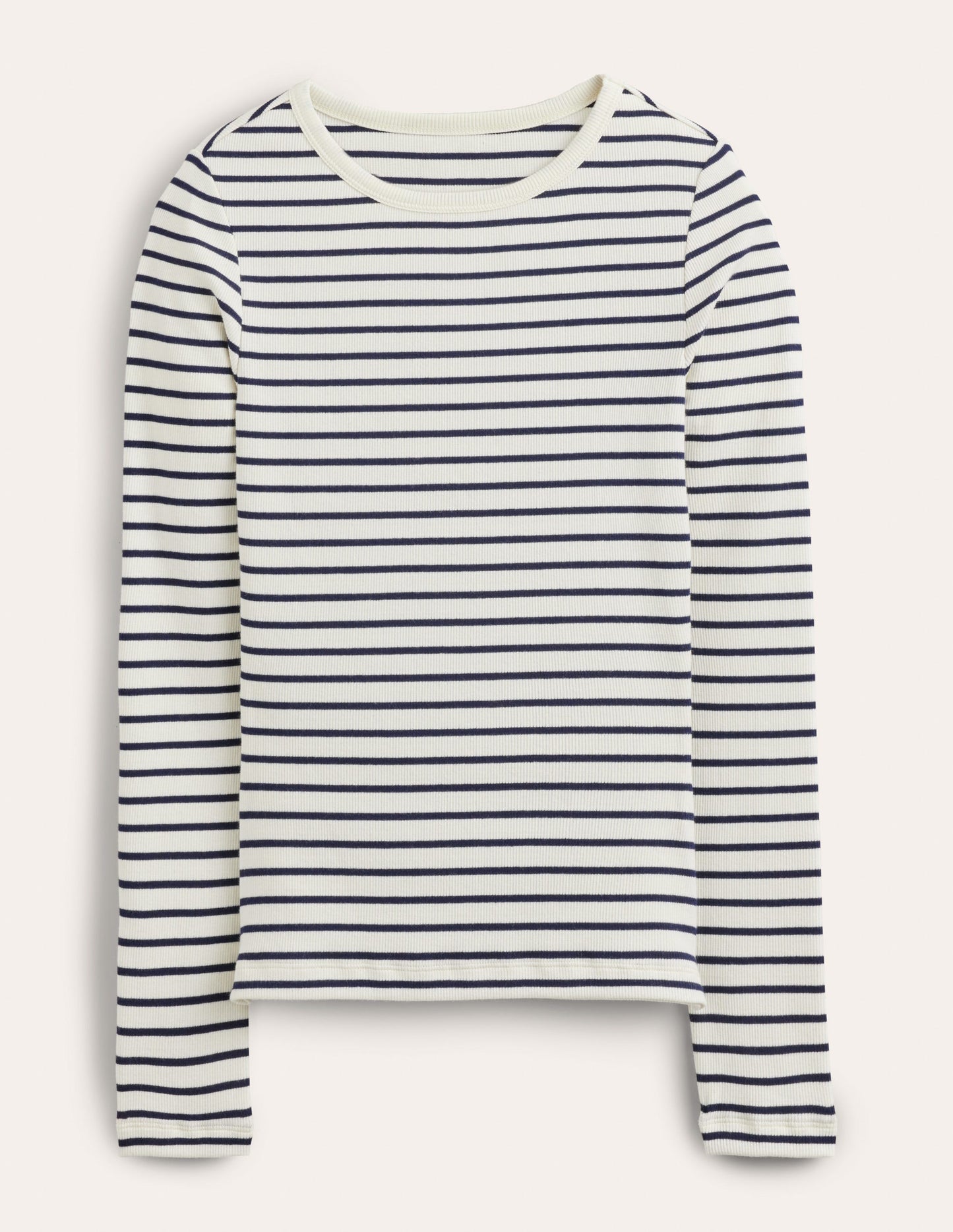 Langärmliges geripptes Baumwolloberteil-Naturweiß/Navy, Gestreift
