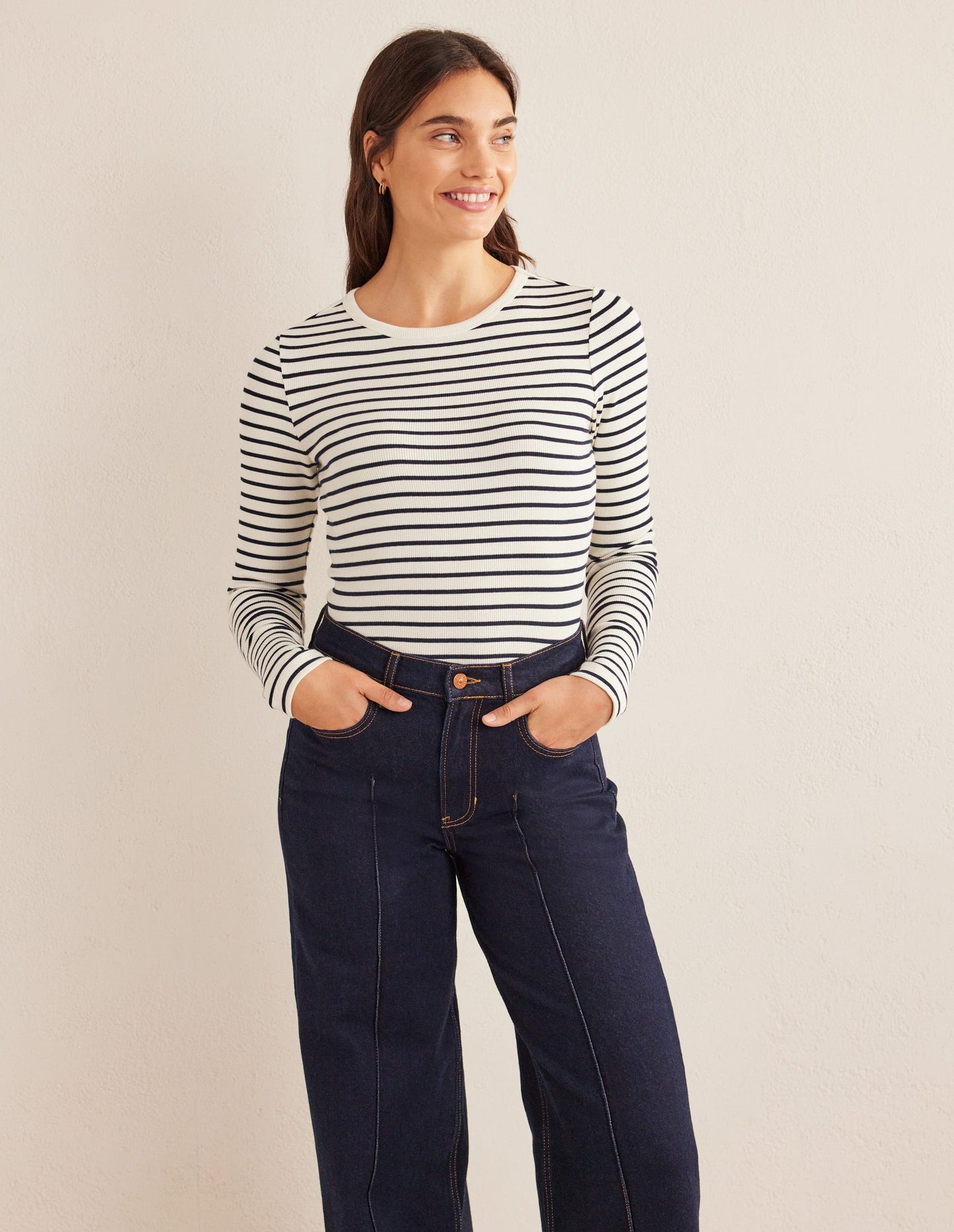 Langärmliges geripptes Baumwolloberteil-Naturweiß/Navy, Gestreift