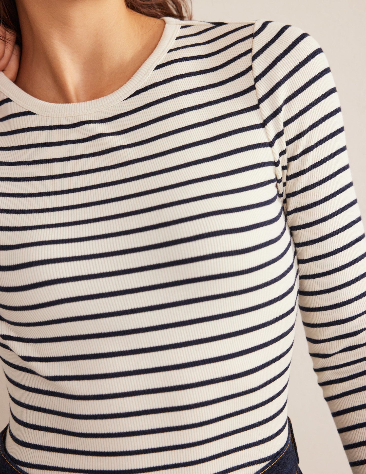 Langärmliges geripptes Baumwolloberteil-Naturweiß/Navy, Gestreift