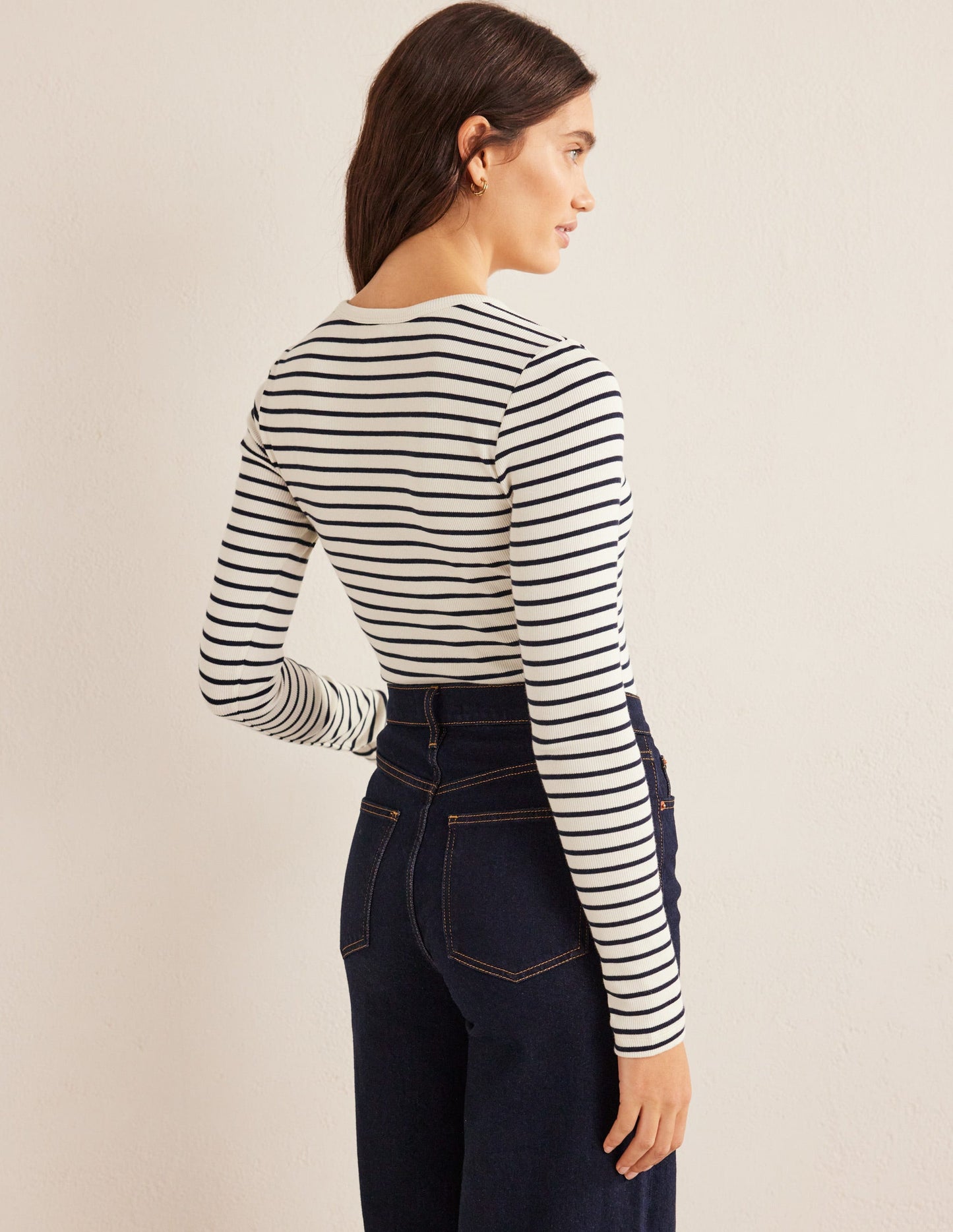 Langärmliges geripptes Baumwolloberteil-Naturweiß/Navy, Gestreift