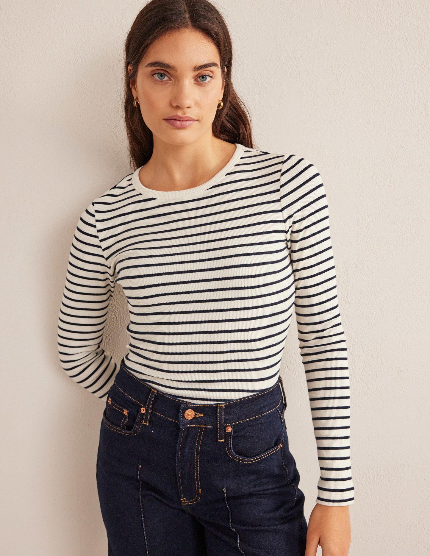 Langärmliges geripptes Baumwolloberteil-Naturweiß/Navy, Gestreift