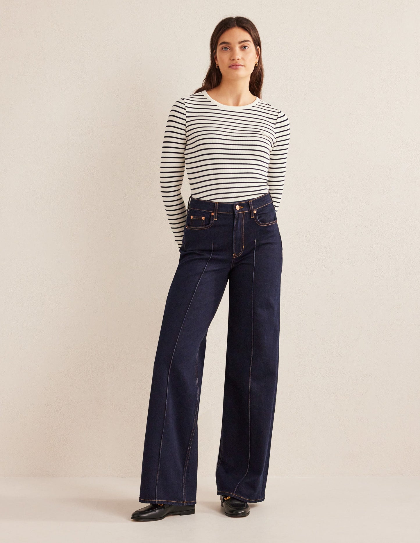 Langärmliges geripptes Baumwolloberteil-Naturweiß/Navy, Gestreift