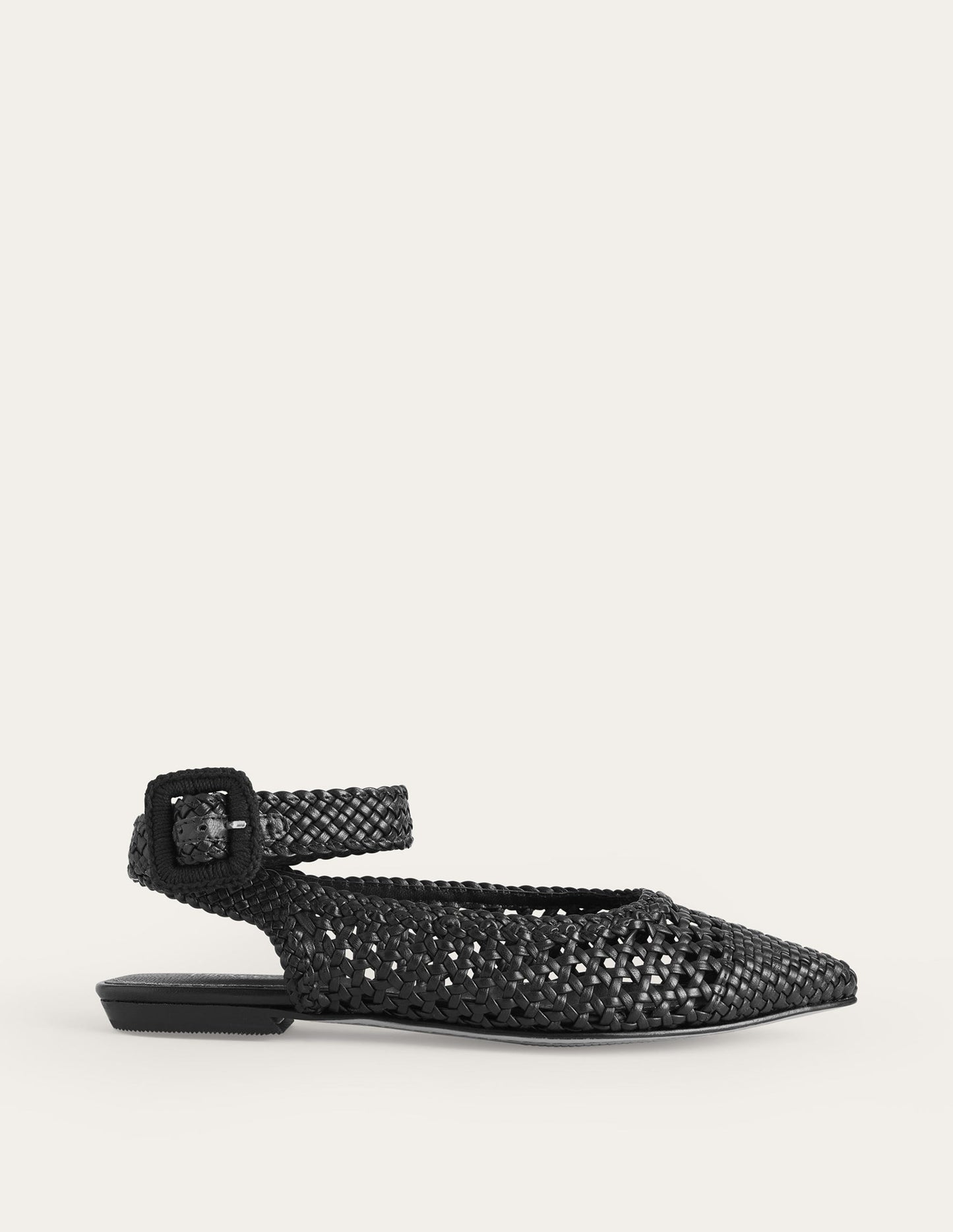 Flache Riemchenpumps mit spitzer Zehenpartie-Schwarz, Gewebtes Leder