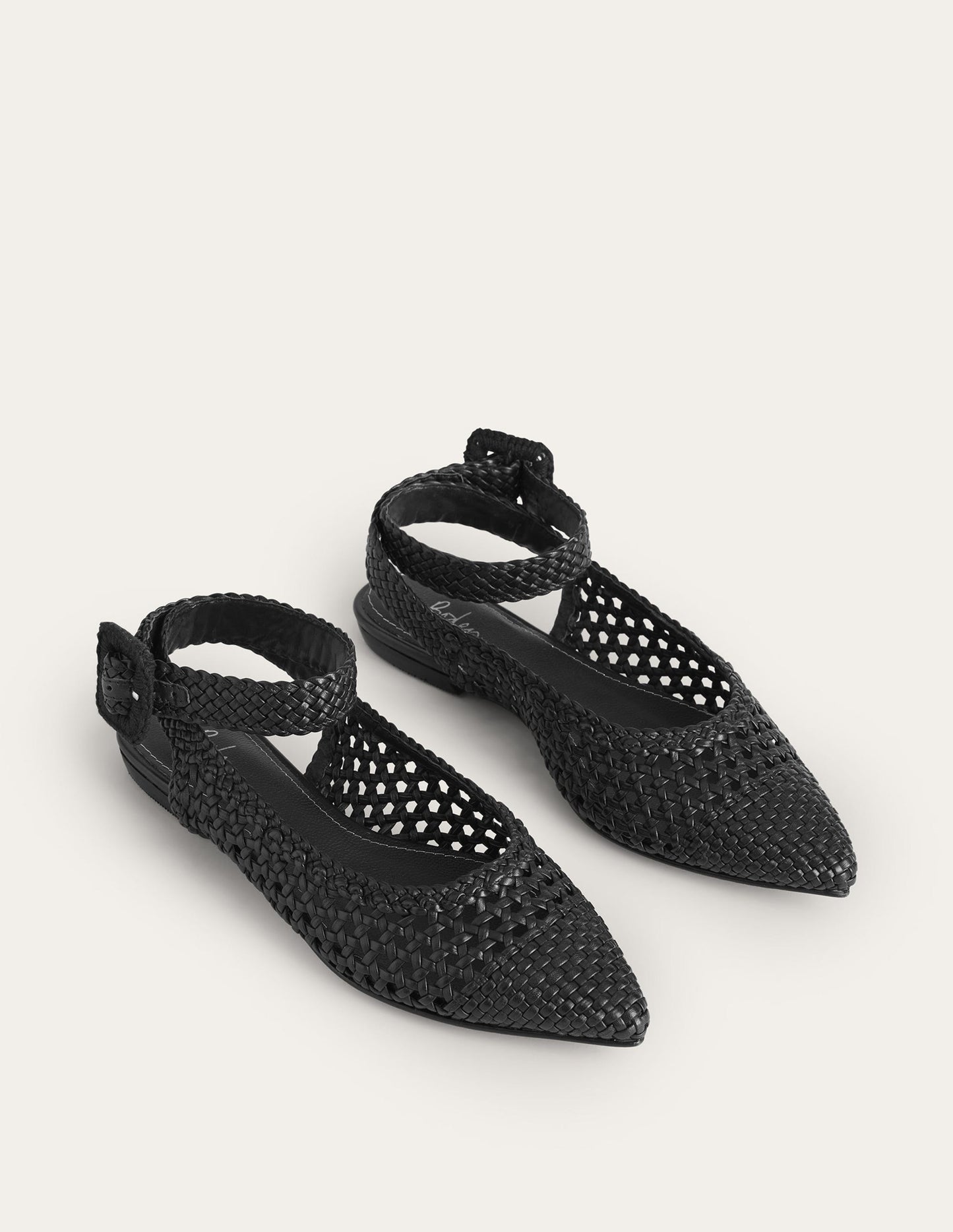 Flache Riemchenpumps mit spitzer Zehenpartie-Schwarz, Gewebtes Leder