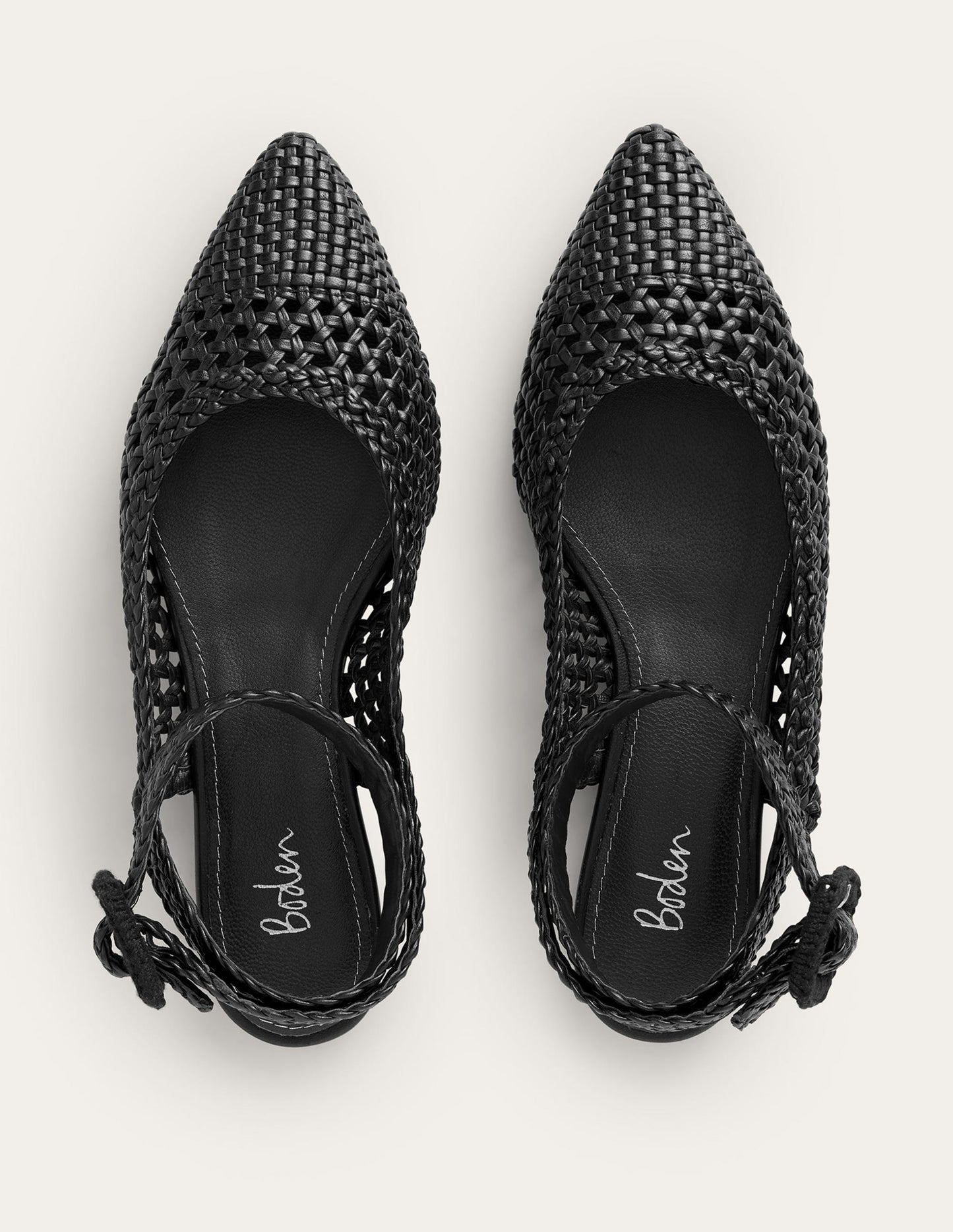 Flache Riemchenpumps mit spitzer Zehenpartie-Schwarz, Gewebtes Leder