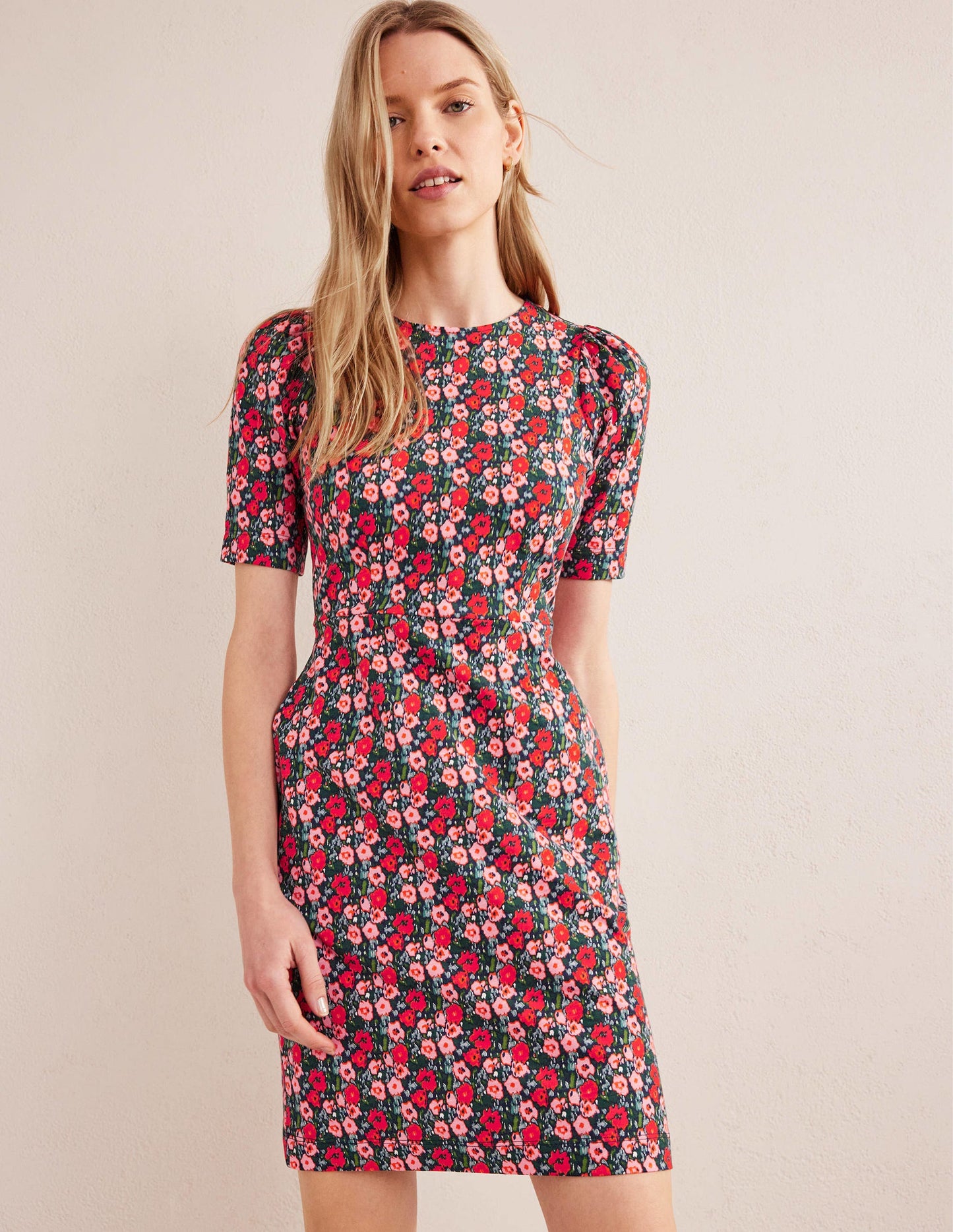 Jerseykleid mit Rundhalsausschnitt-Bunt, Abstraktes Mohnblumenmuster