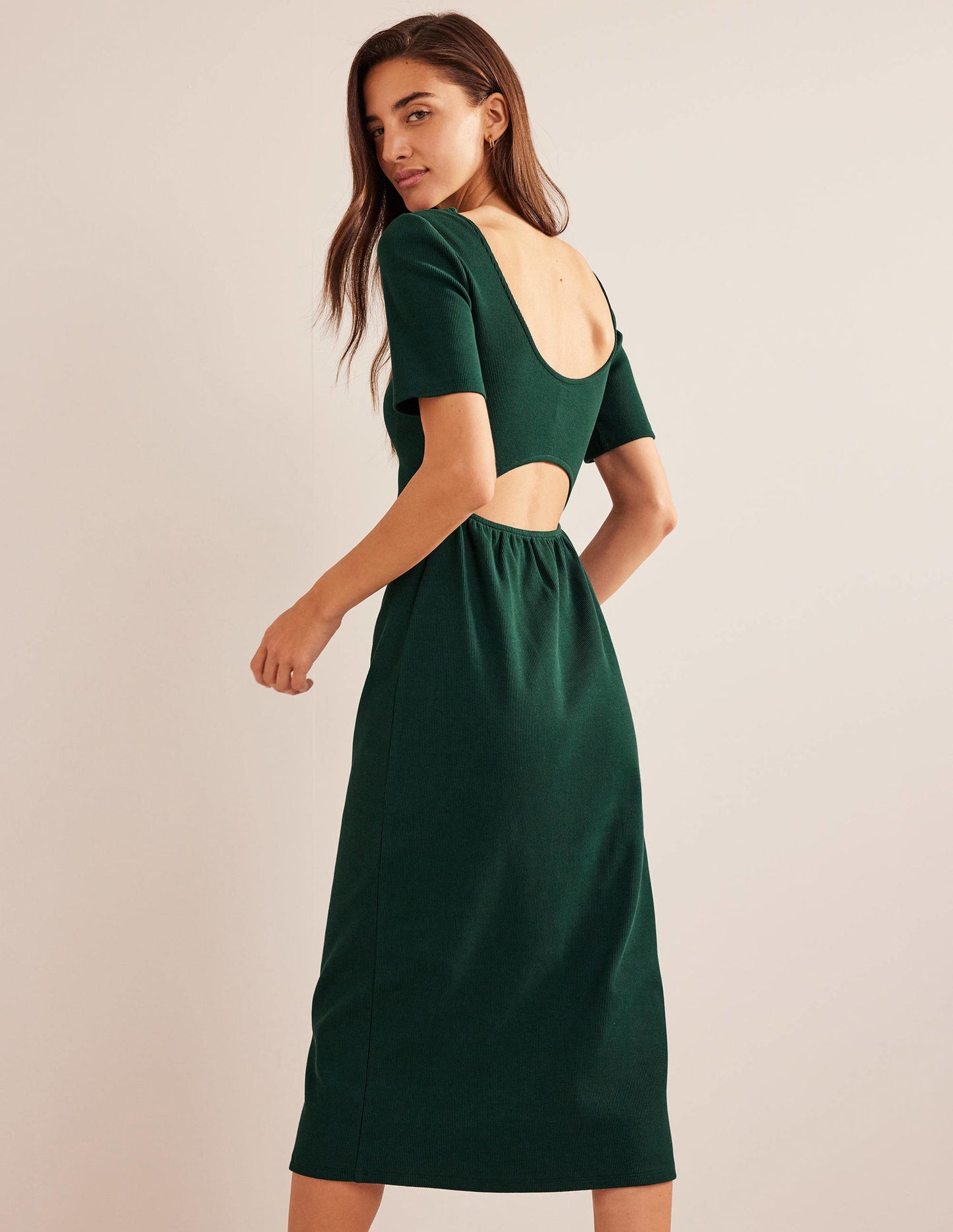 Geripptes Jersey-Midikleid mit Cut-out-Detail-Dunkles Smaragdgrün