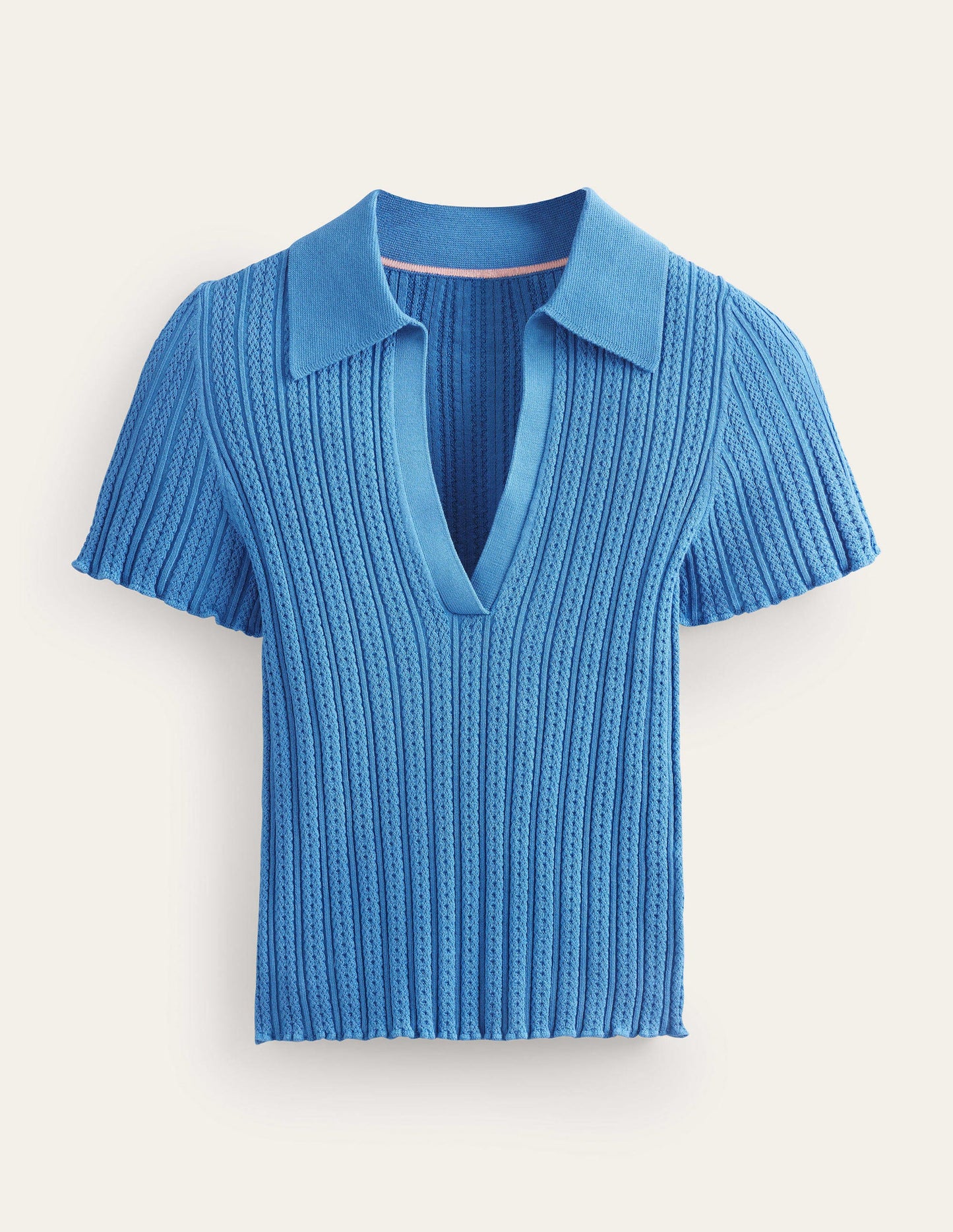 Rippstrick-T-Shirt mit Kragen-Porzellanblau