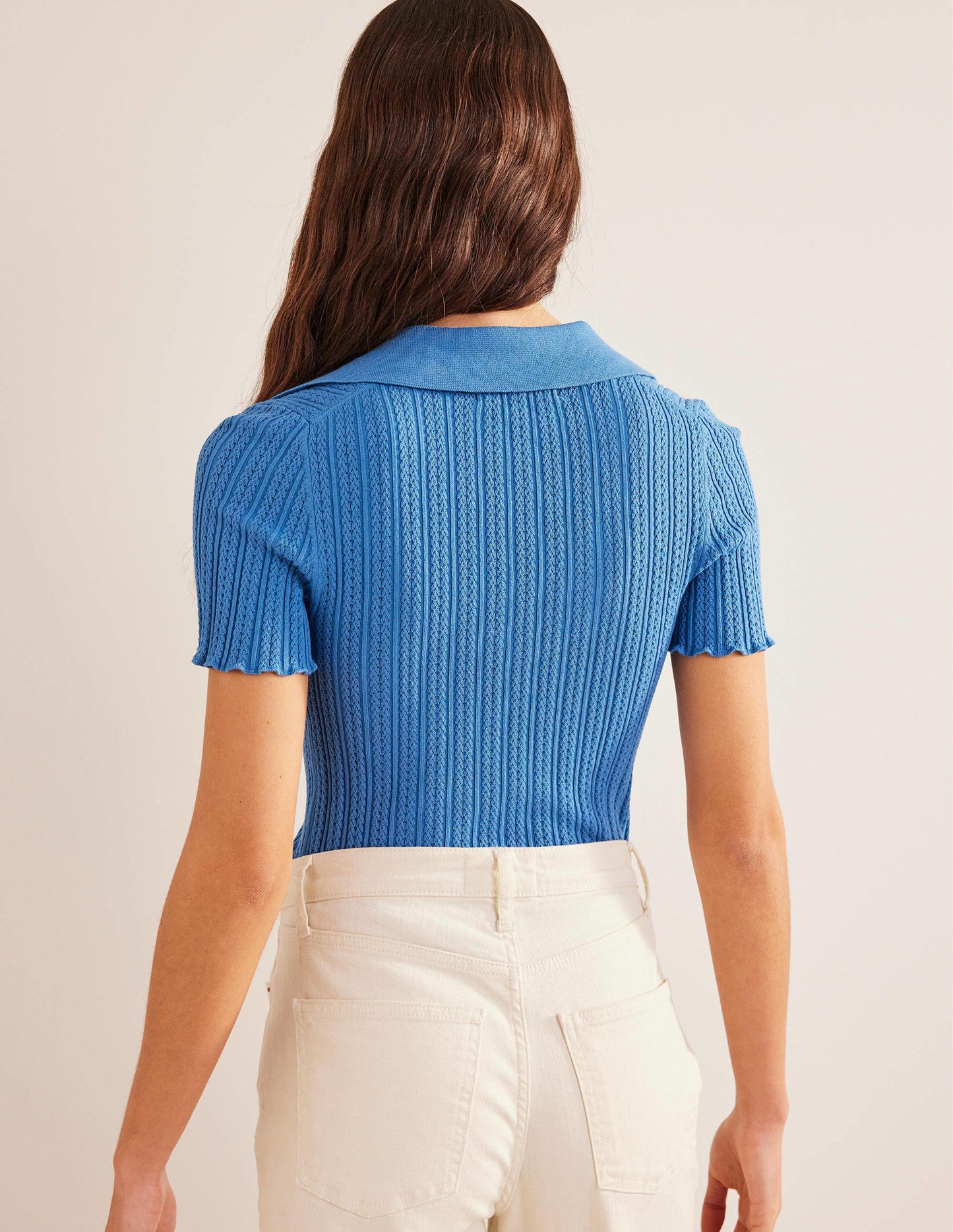 Rippstrick-T-Shirt mit Kragen-Porzellanblau