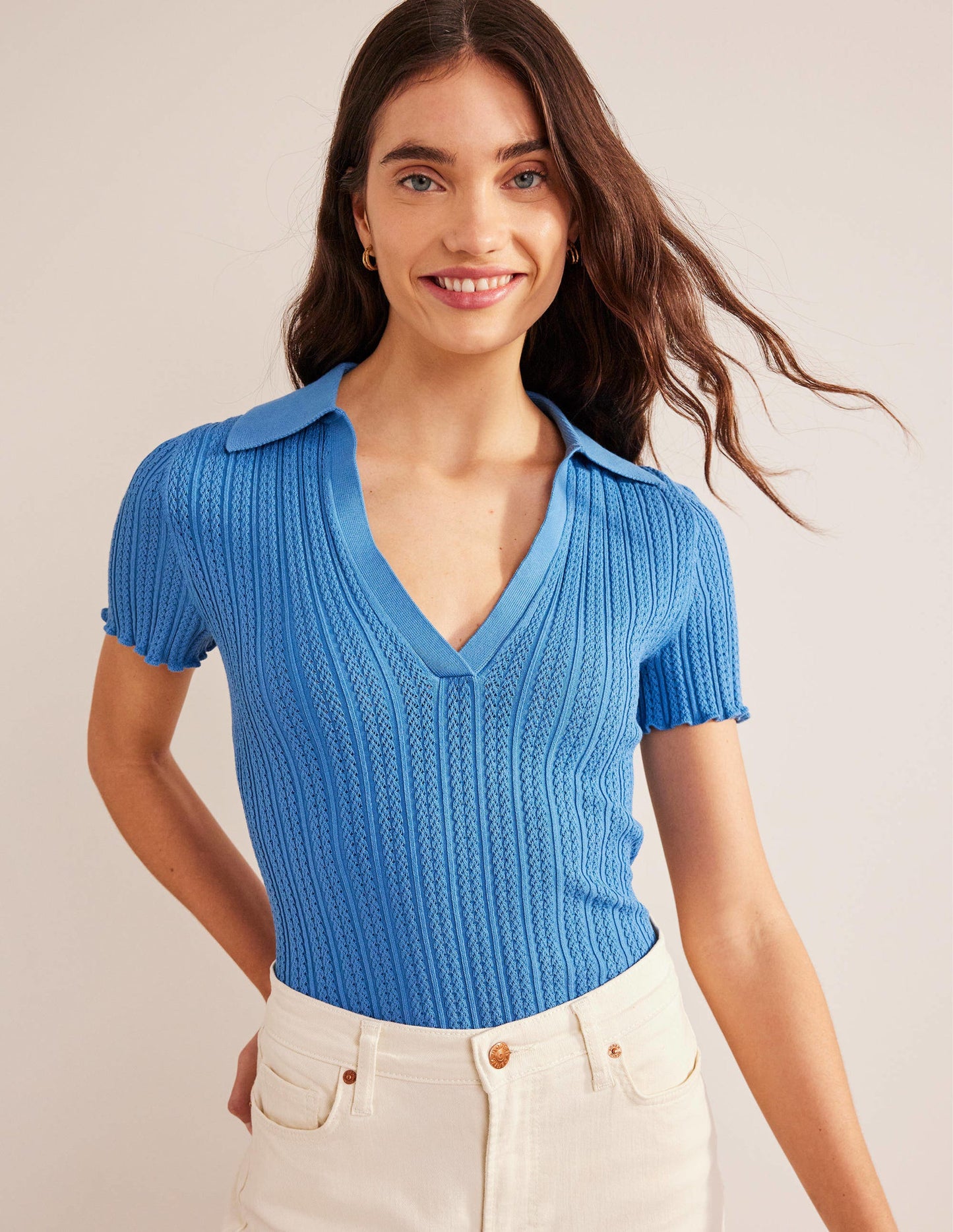 Rippstrick-T-Shirt mit Kragen-Porzellanblau