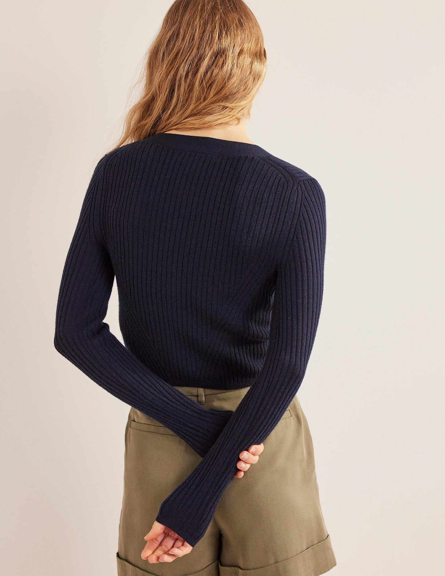 Kurzer Rippstrick-Cardigan aus Merinowolle-Marineblau