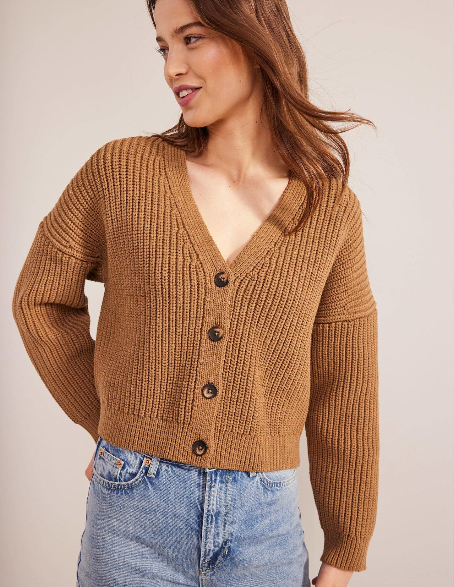 Oversize-Rippstrick-Cardigan-Kamelbraun Melange