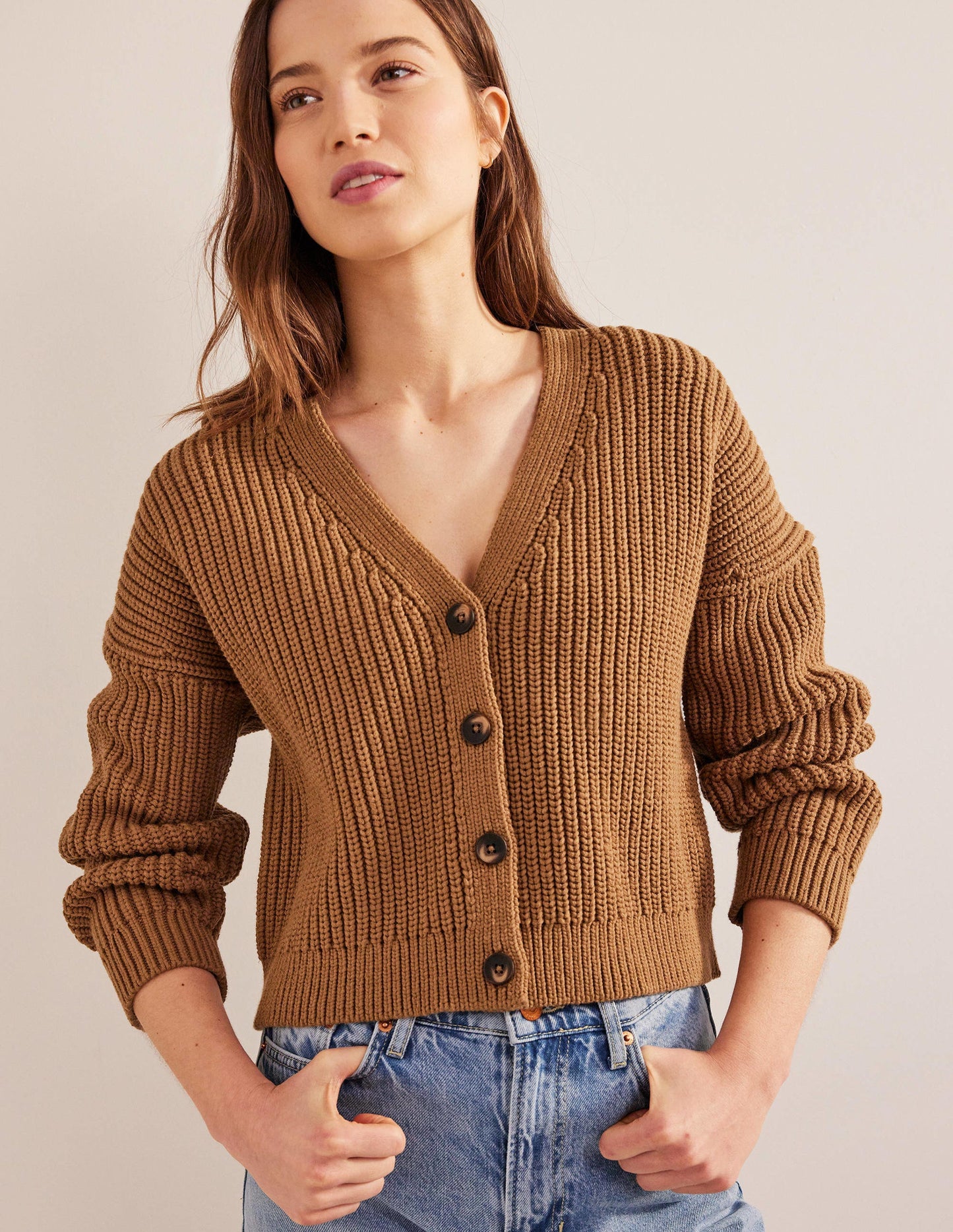 Oversize-Rippstrick-Cardigan-Kamelbraun Melange