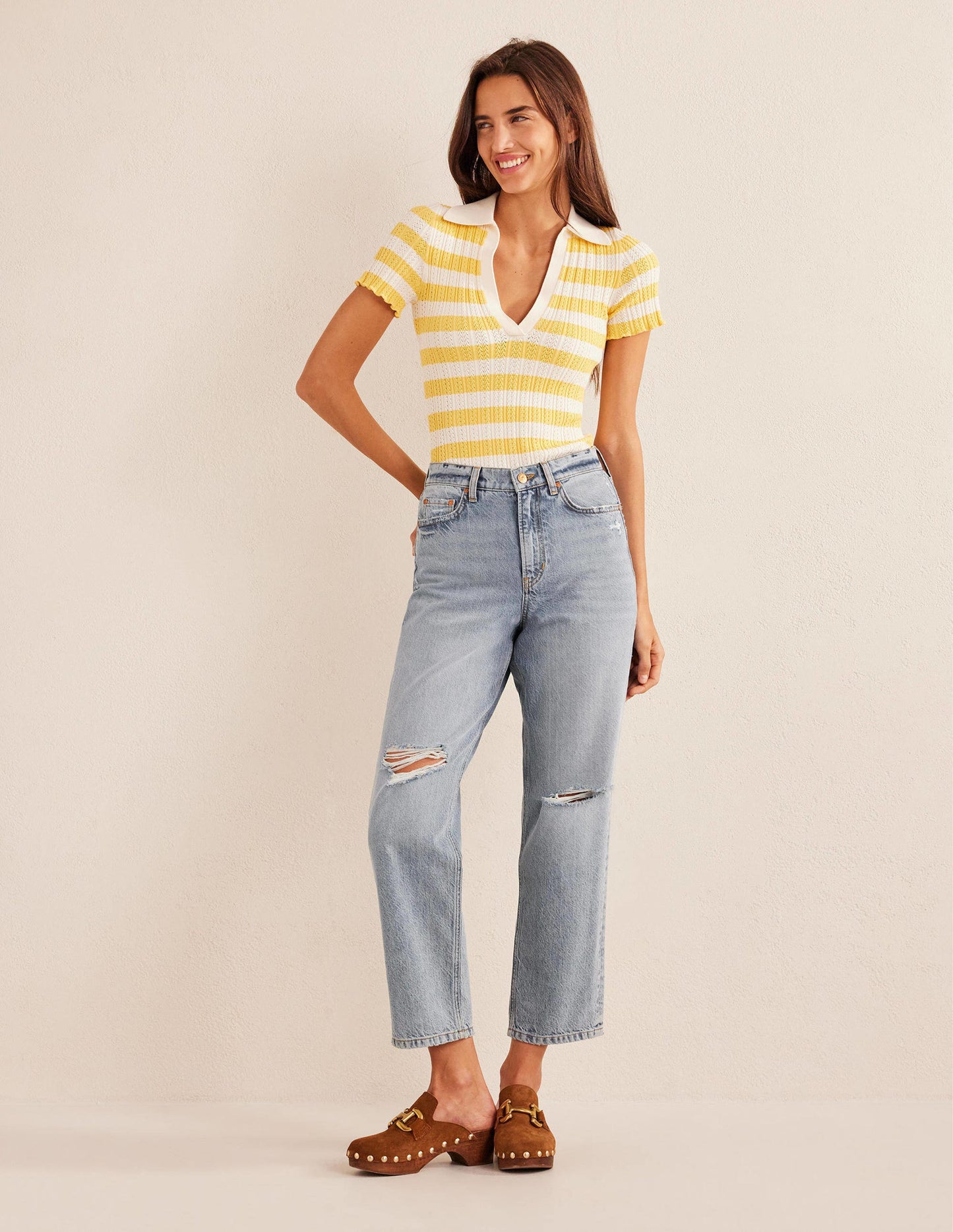 Jean ample taille mi-haute-Délavage moyen