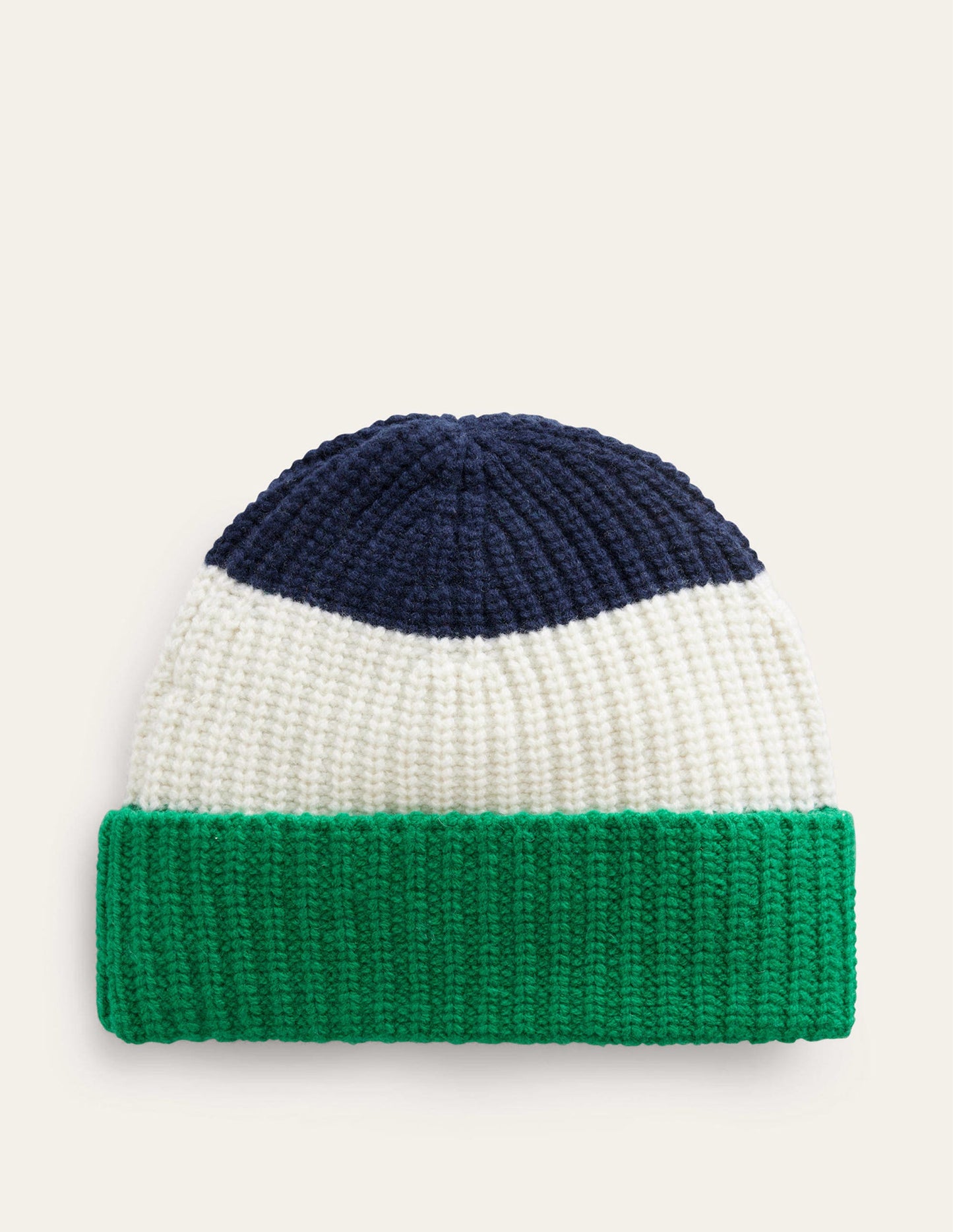 Beanie mit Blockfarben-Marineblau, Veridiangrün und Naturweiß