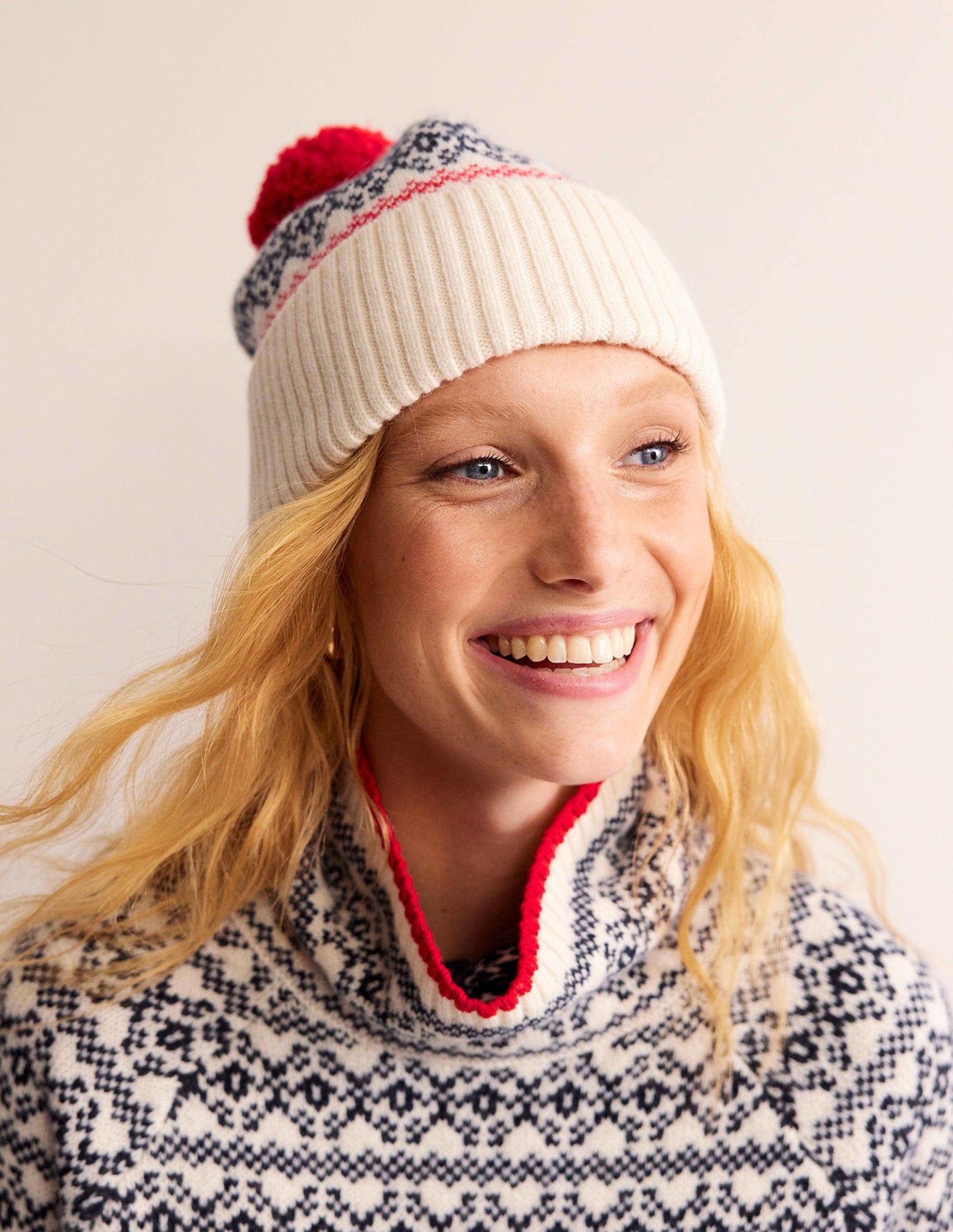 Fair-Isle-Wollmütze-Marineblau/ Haferbeige Fair-Isle