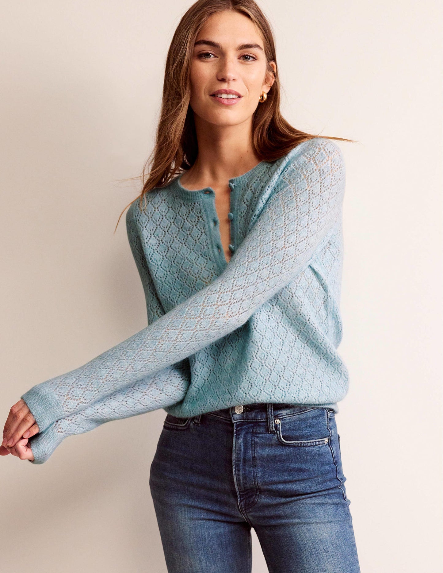 Flauschiger Henley-Pointelle-Pullover-Golfstrom