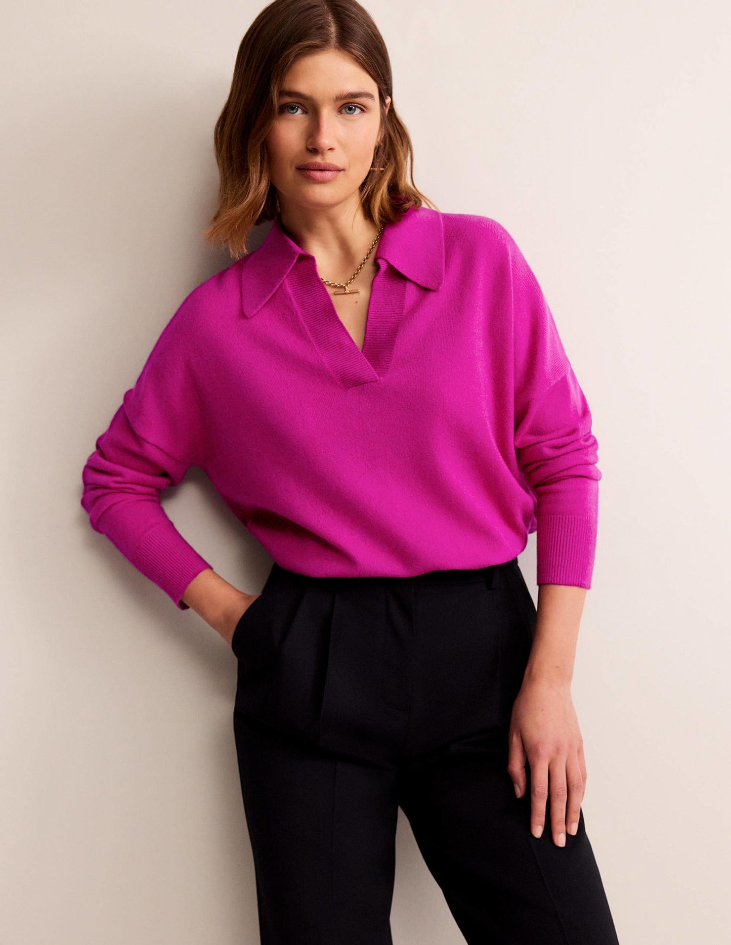 Henley-Pullover aus Kaschmir mit Kragen-Magenta