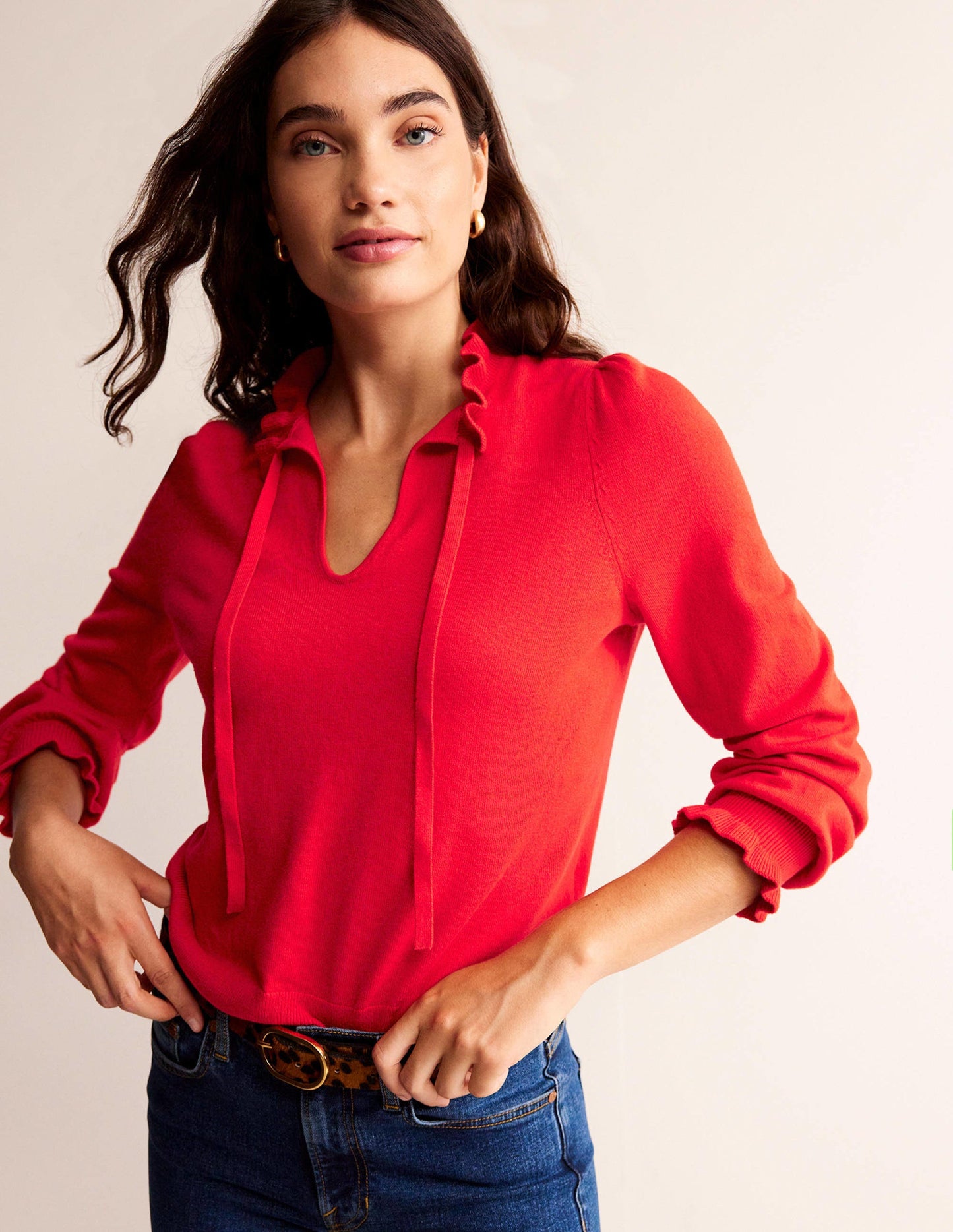 Pullover mit Rüschen und Kragen zum Binden-Leuchtendes Rot