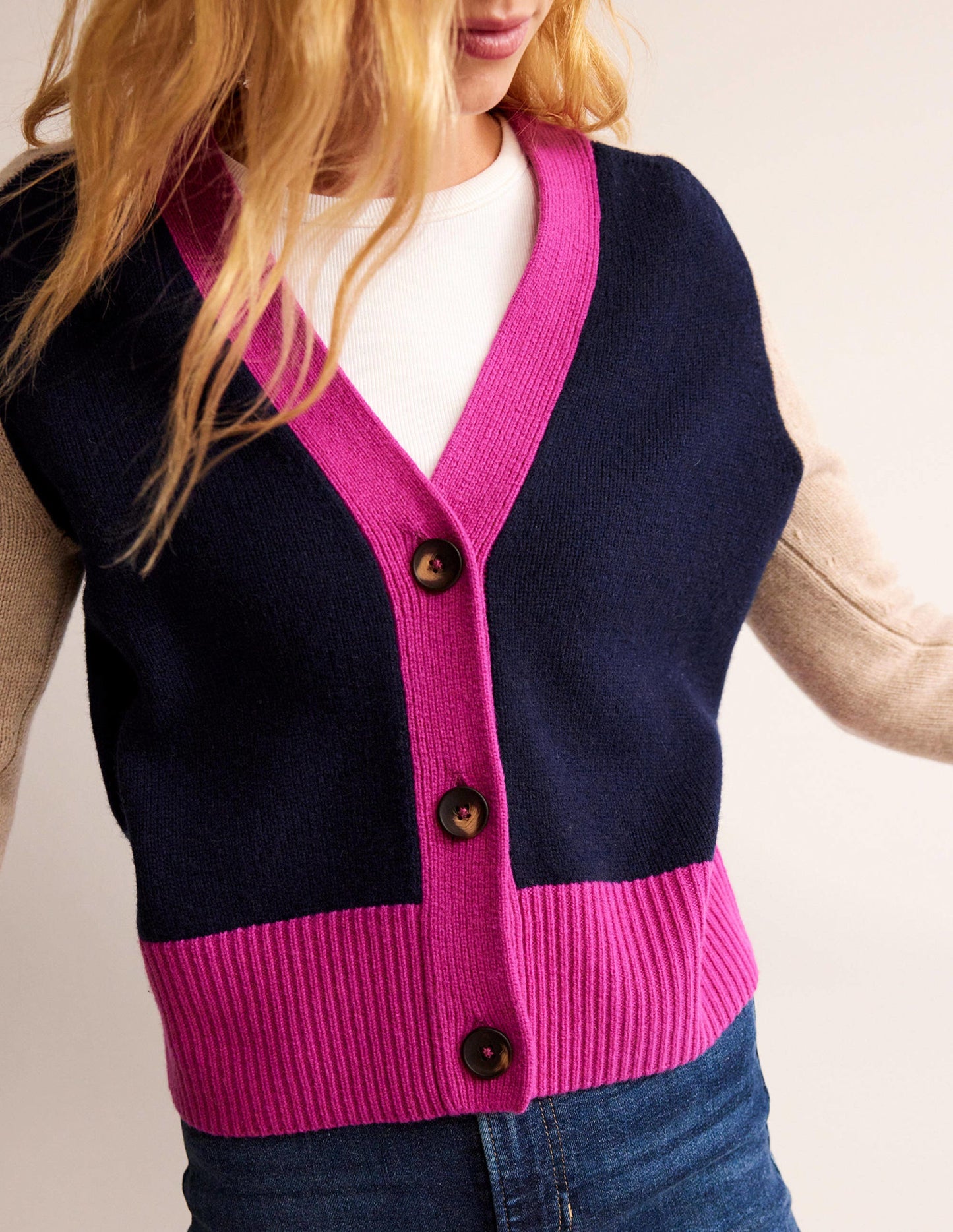 Gilet Olivia en laine mérinos-Colourblock bleu marine foncé