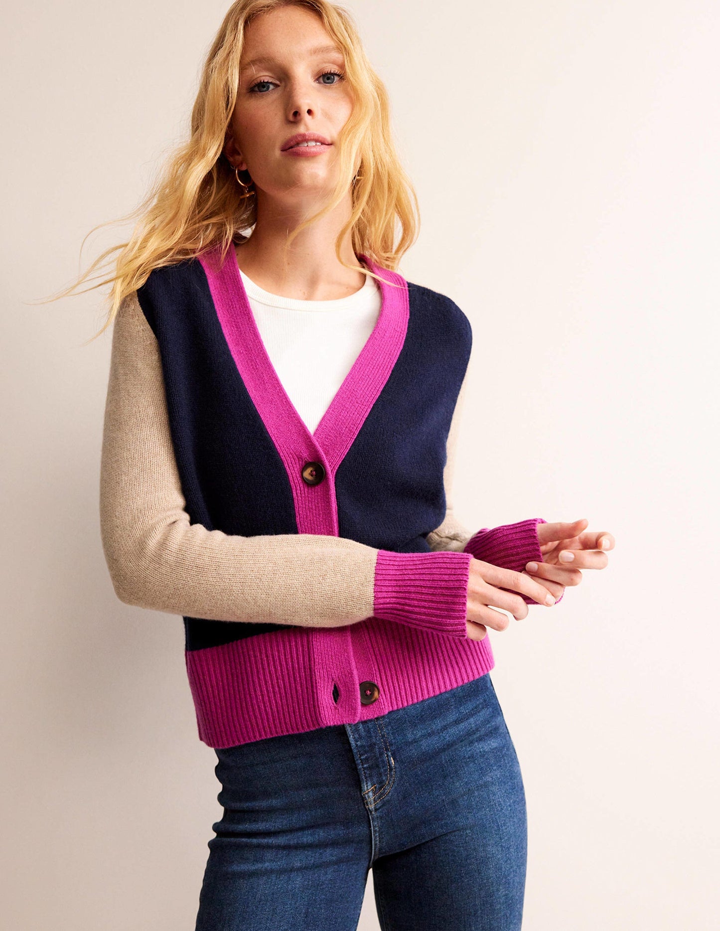 Gilet Olivia en laine mérinos-Colourblock bleu marine foncé