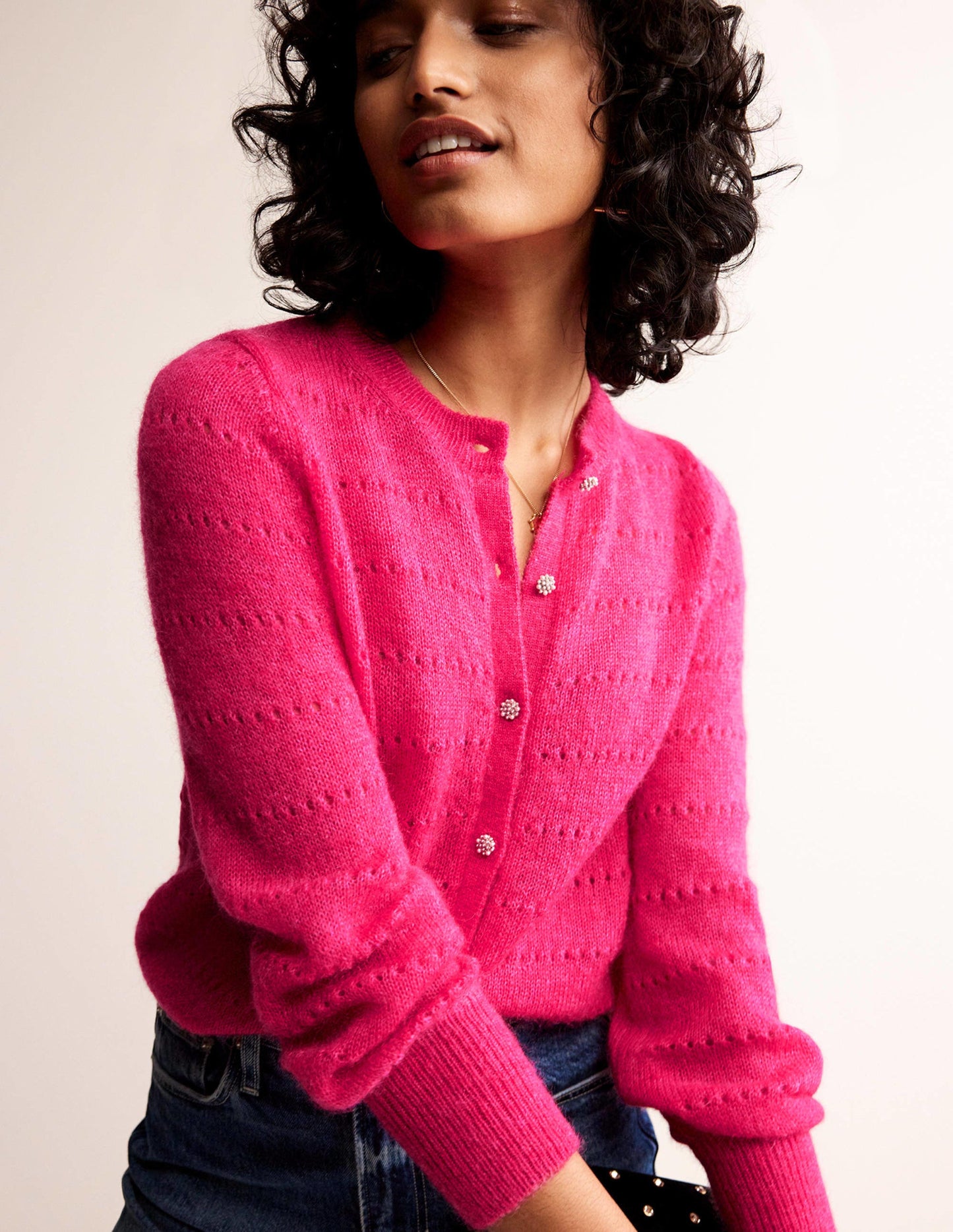 Flauschige, texturierte Strickjacke-Kräftiges Rosa